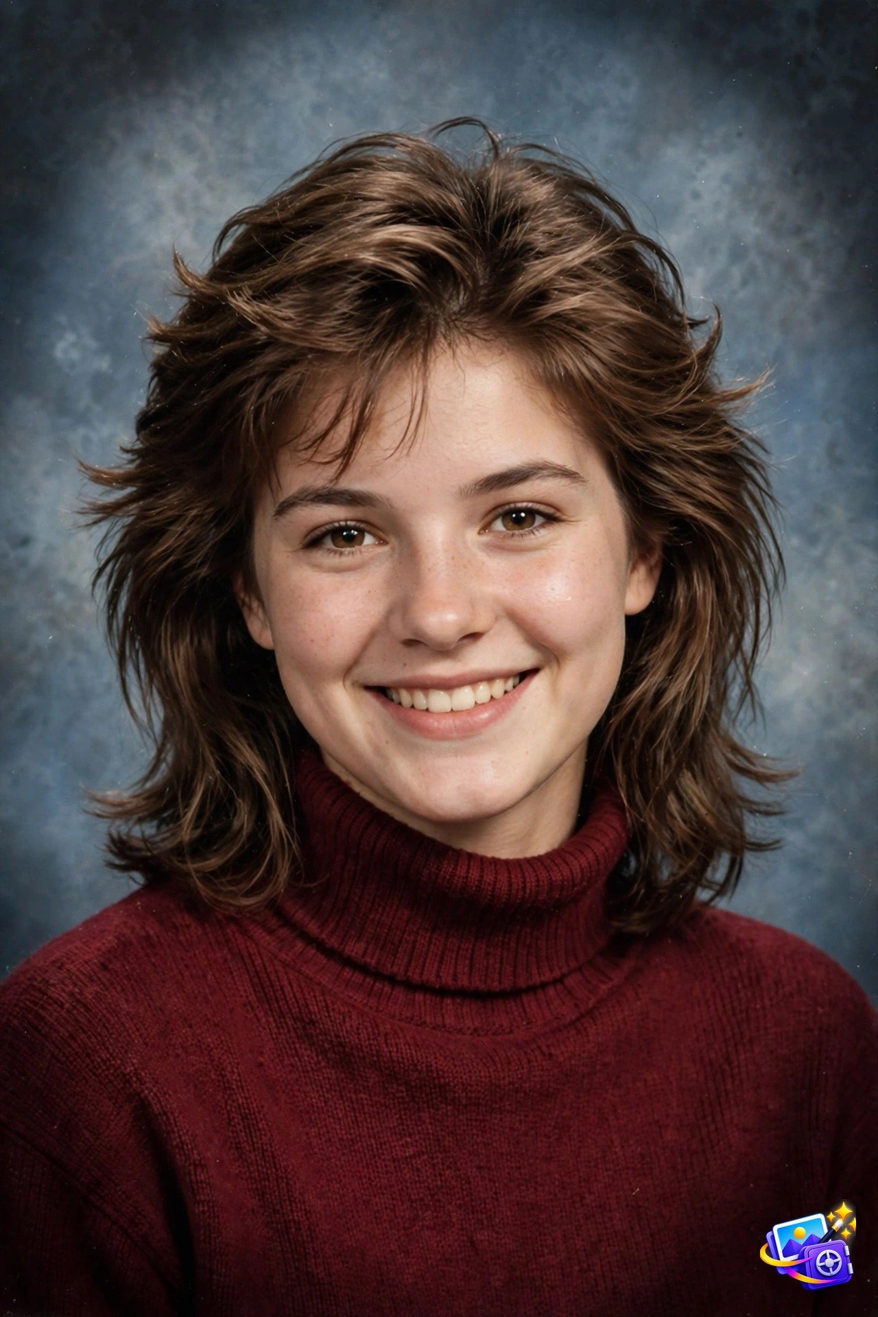 Classic 90s yearbook photo prompt example with mottled blue-gray studio backdrop