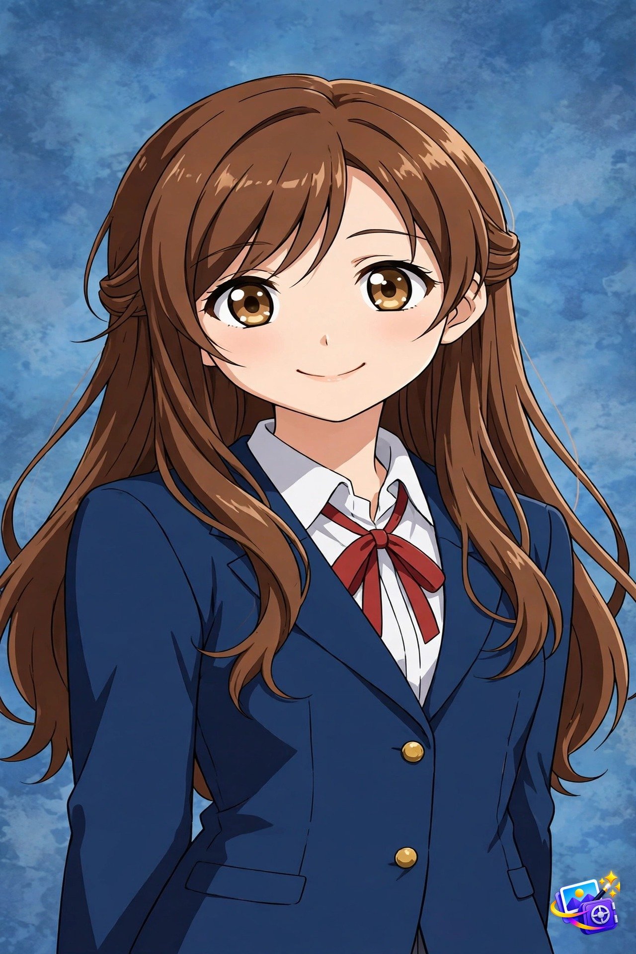 Anime style ai yearbook photo prompt example with navy school uniform blazer