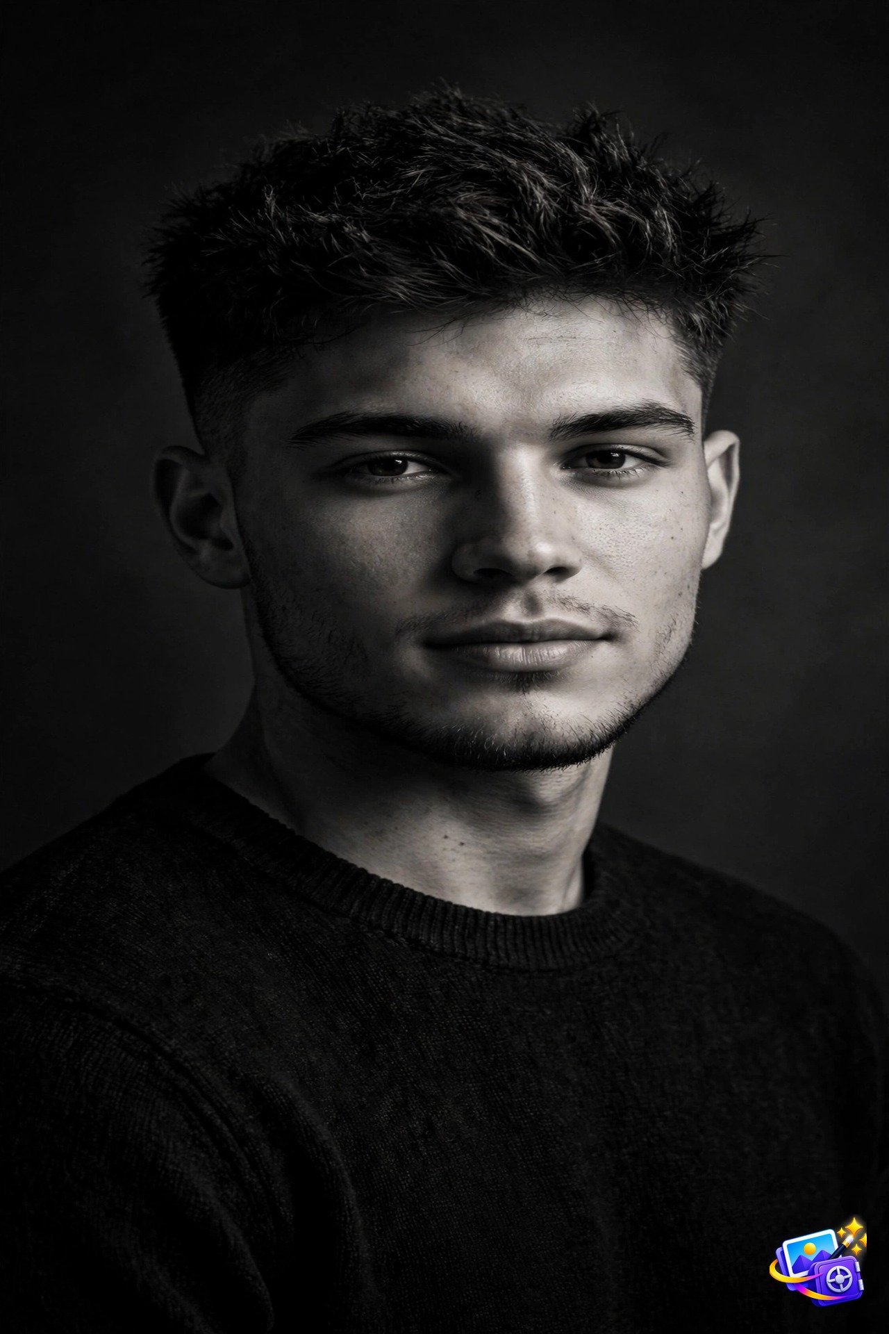 Black and white editorial ai yearbook photo prompt example with dramatic shadows