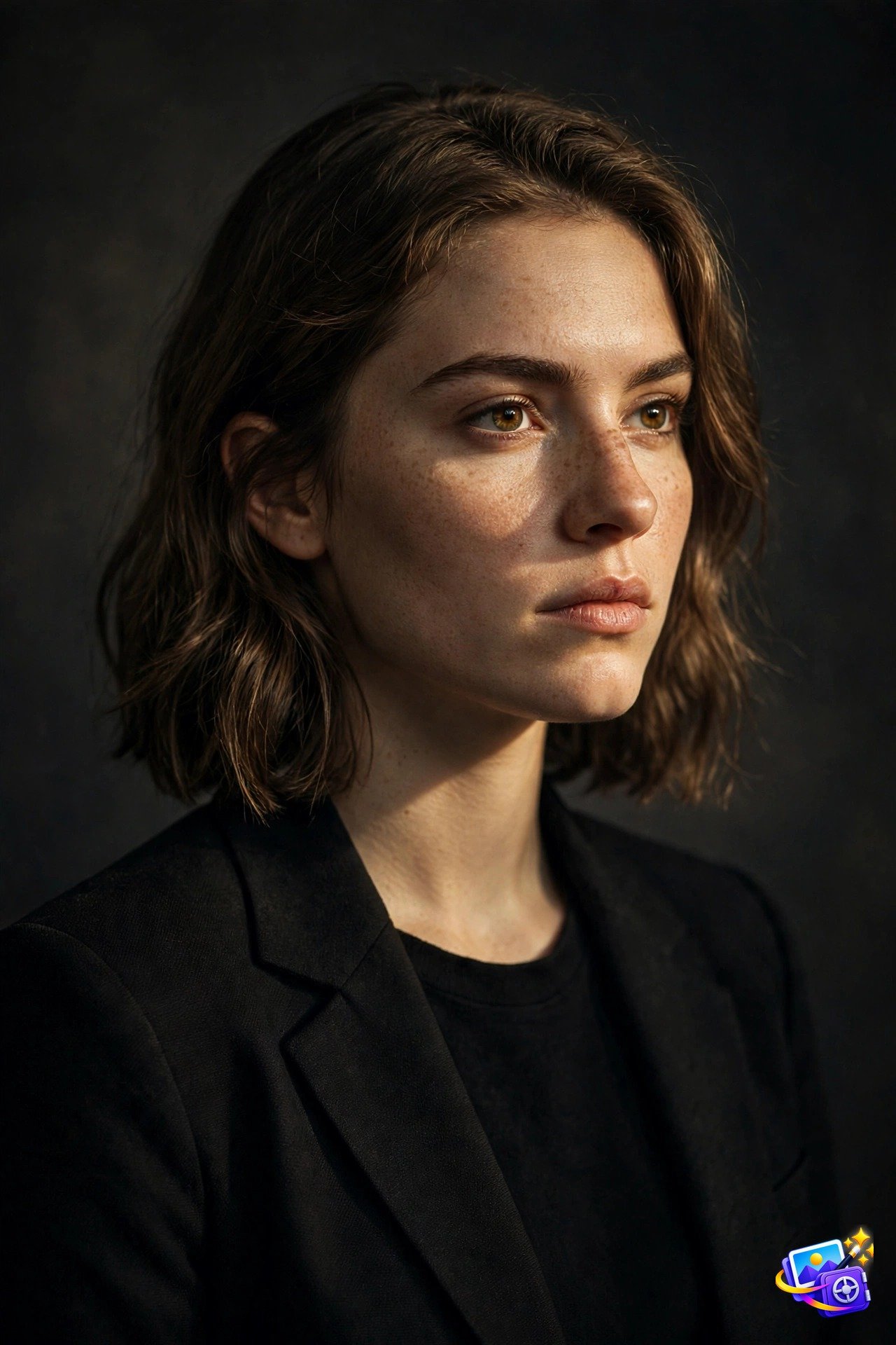 Cinematic ai yearbook photo prompt example with dramatic Rembrandt lighting