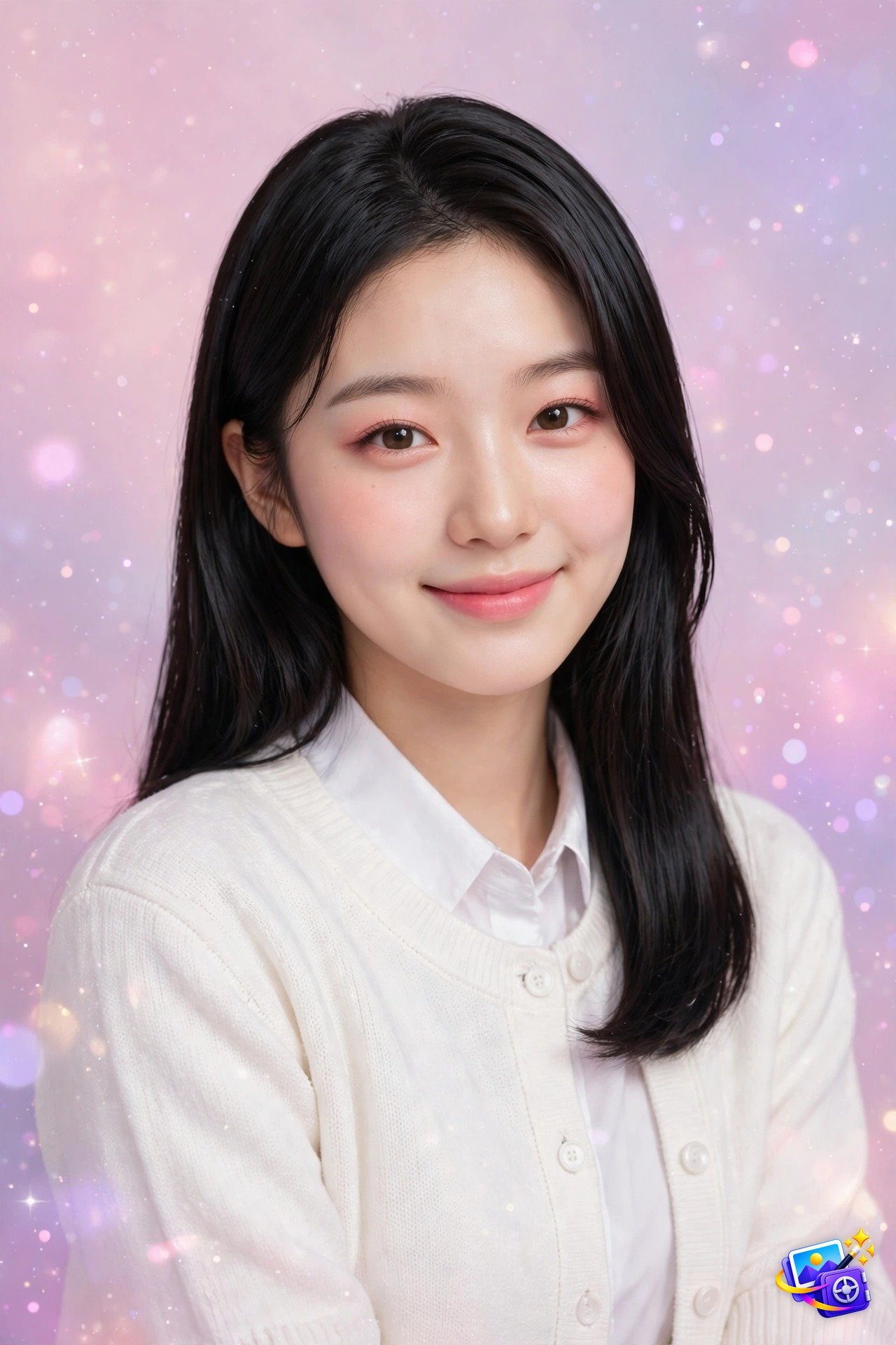 K-pop idol ai yearbook photo prompt example with pastel pink sparkle backdrop