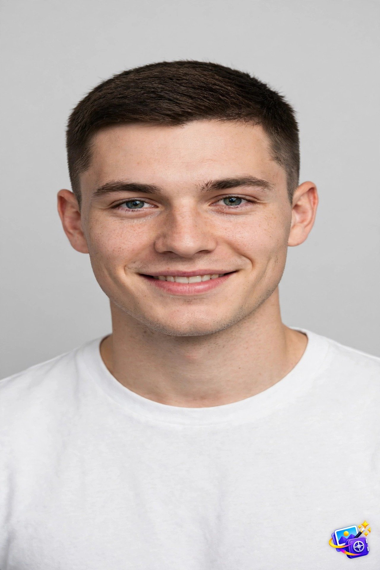 Modern minimalist ai yearbook photo prompt example with light gray studio backdrop