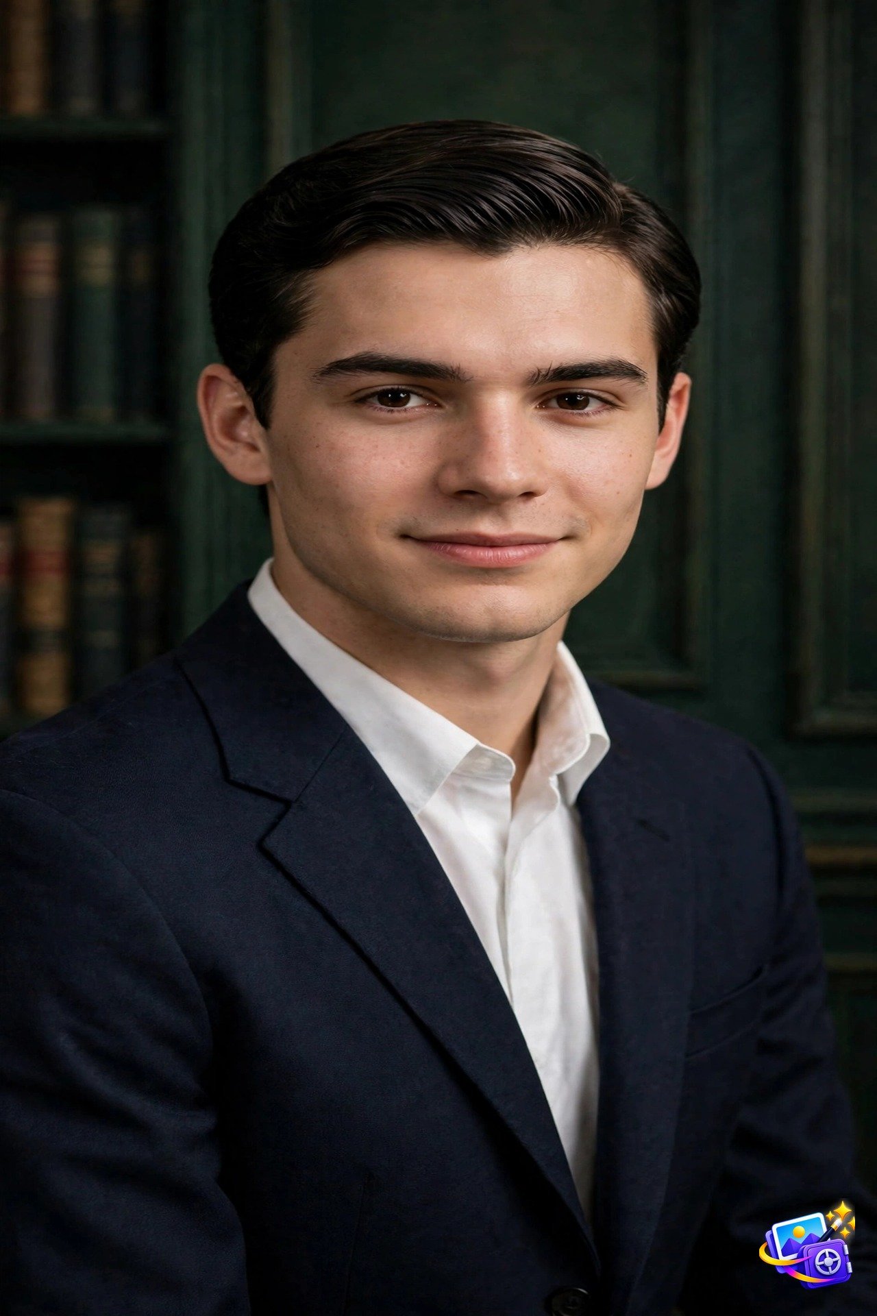 Old money luxury ai yearbook photo prompt example in navy blazer with library backdrop
