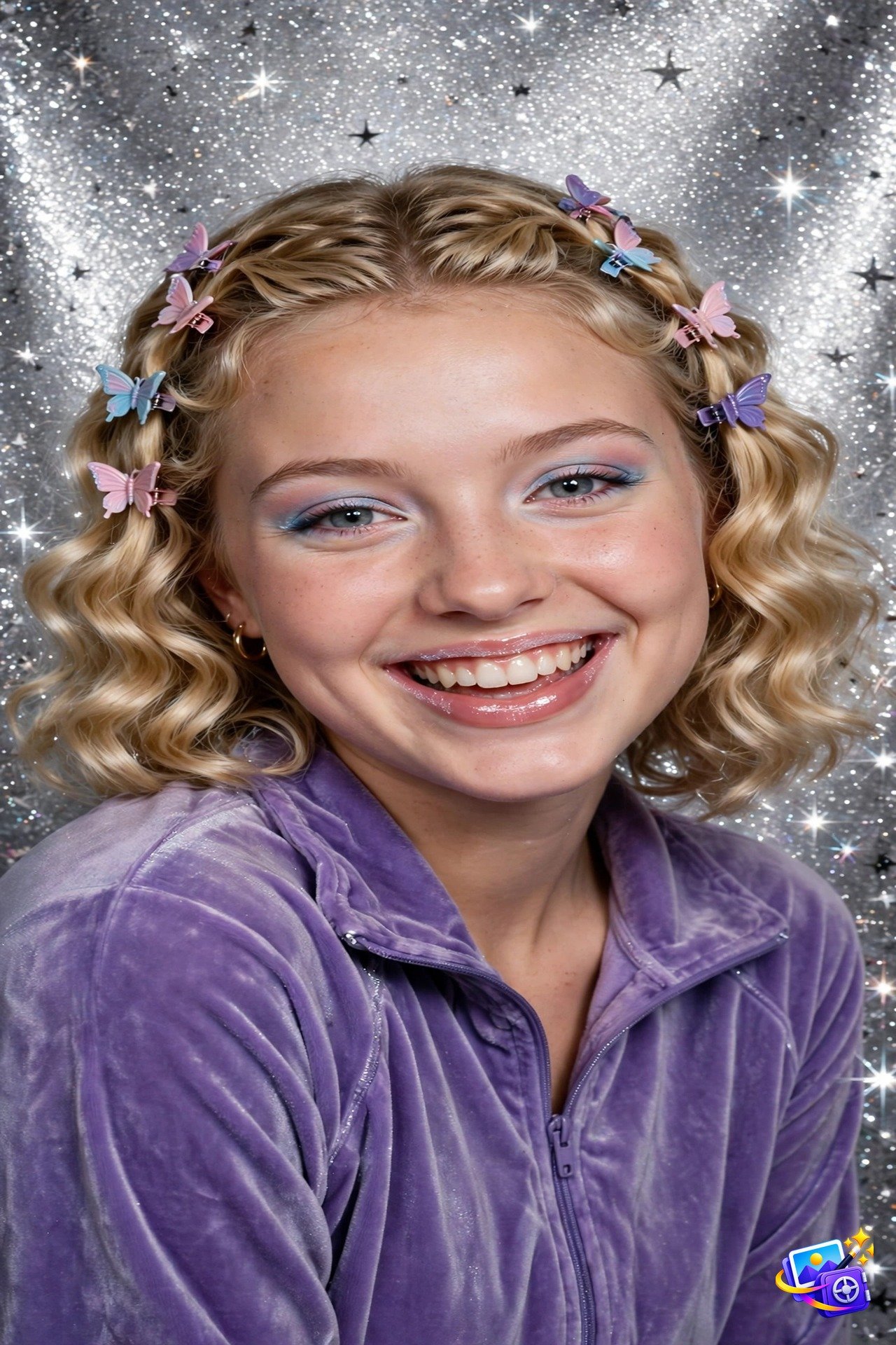 Y2K ai yearbook photo prompt example with butterfly clips and velour tracksuit