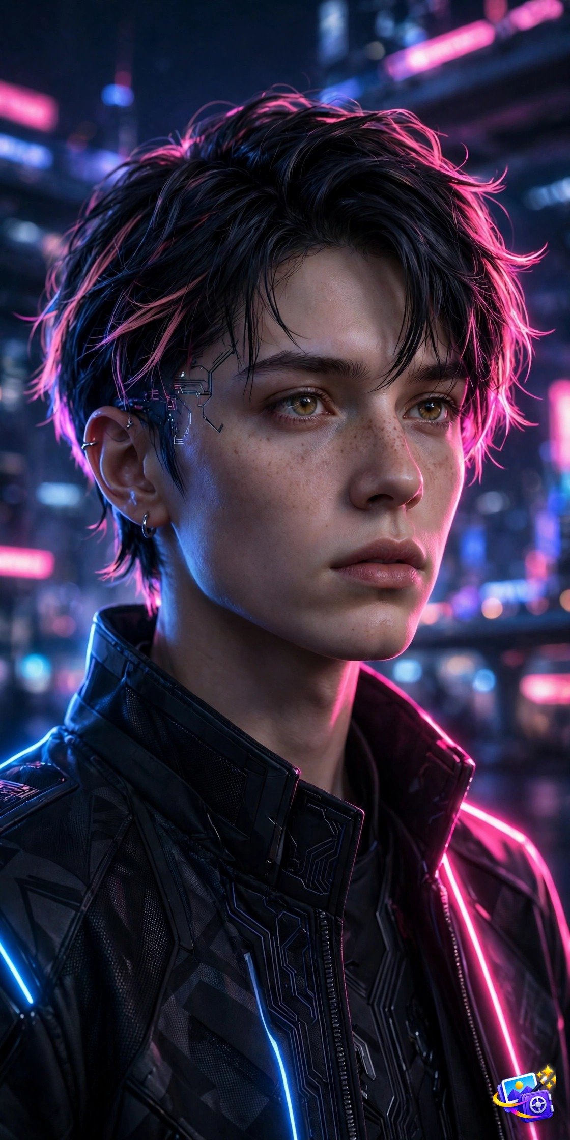 Best ai image prompts cyberpunk example with neon pink and blue light