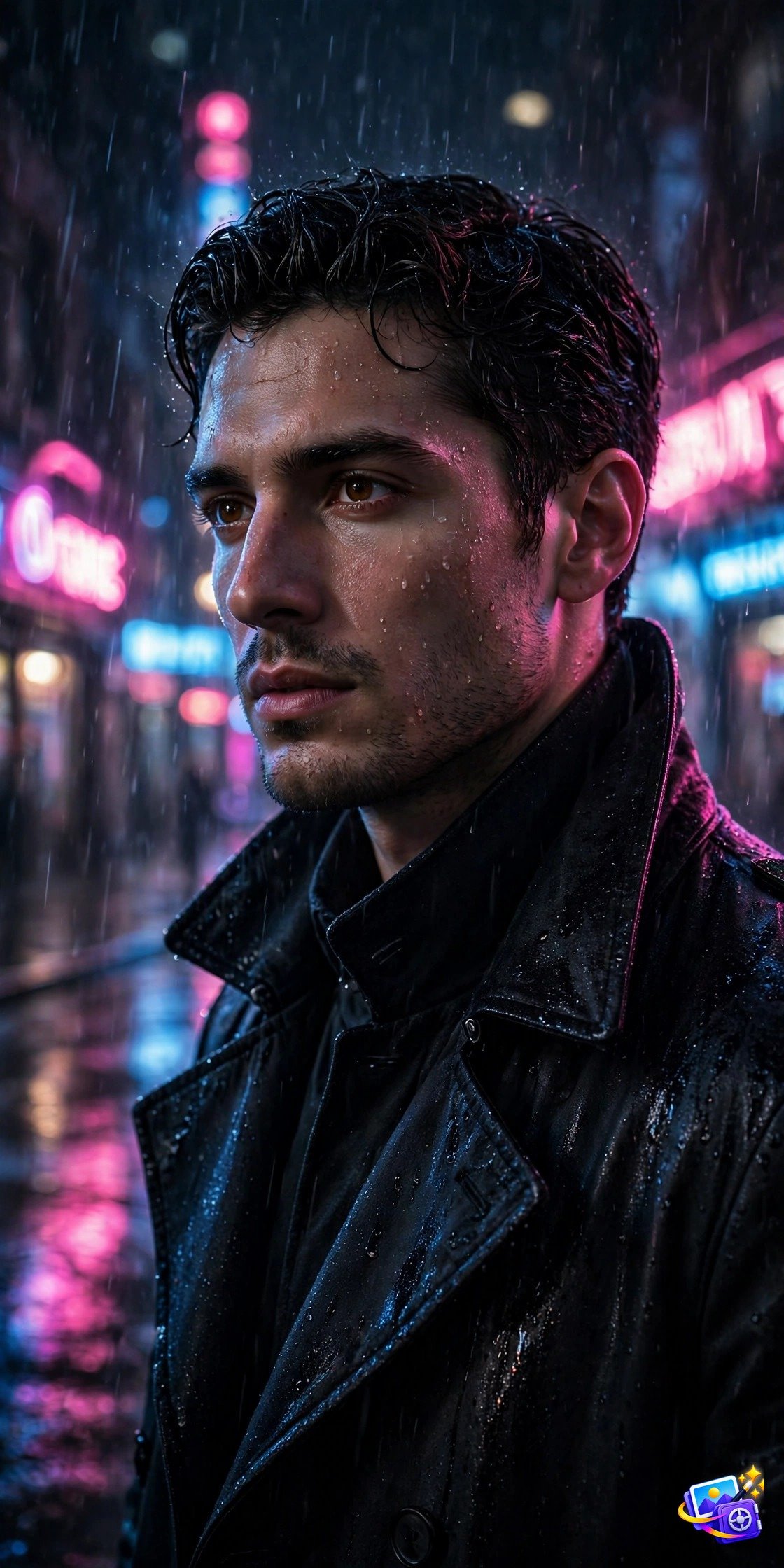 Best ai image prompts neon noir example with rainy neon street