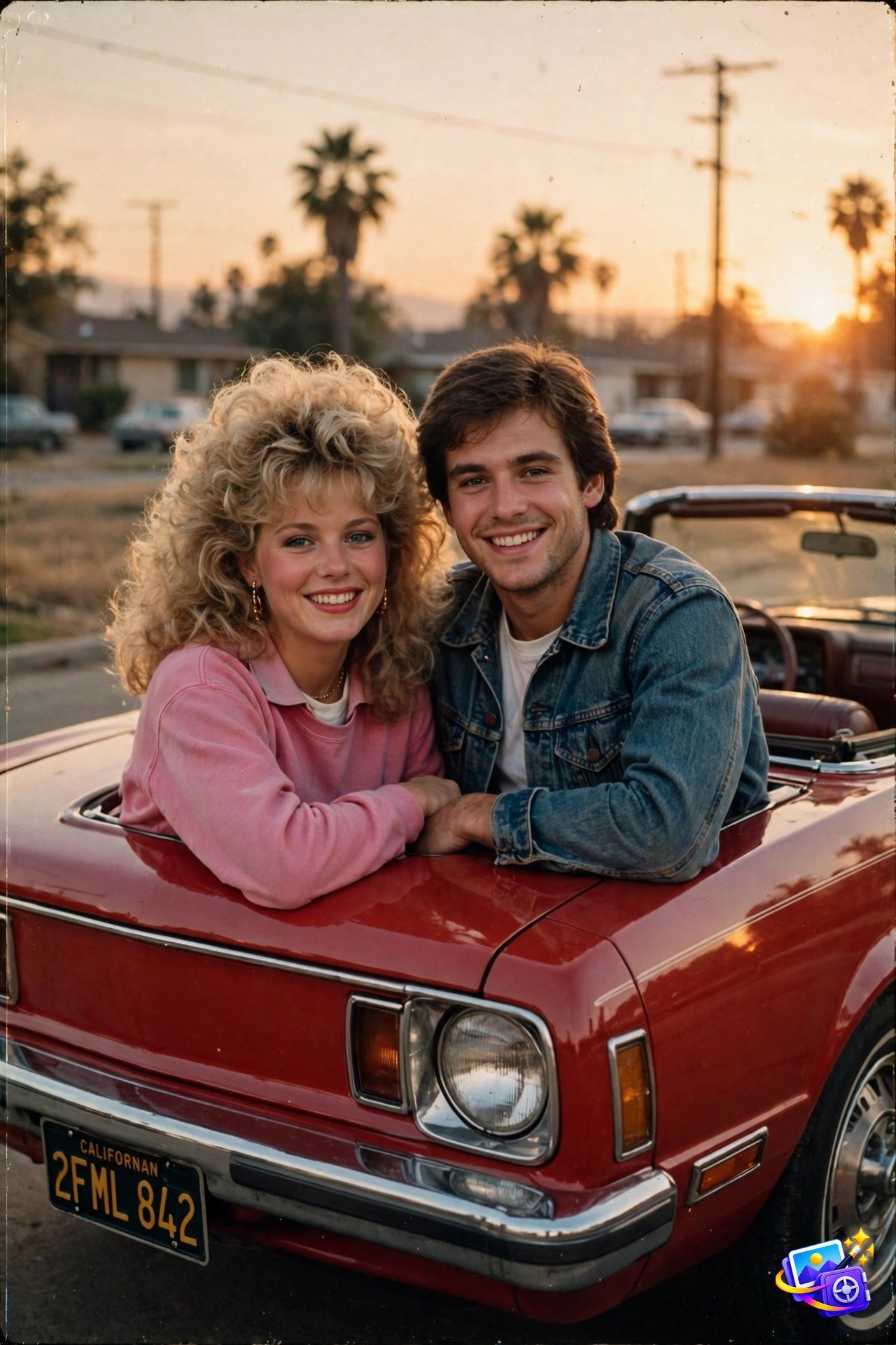 1980s retro film photo of a couple by a vintage red convertible at sunset, one of the best Midjourney prompts for vintage looks