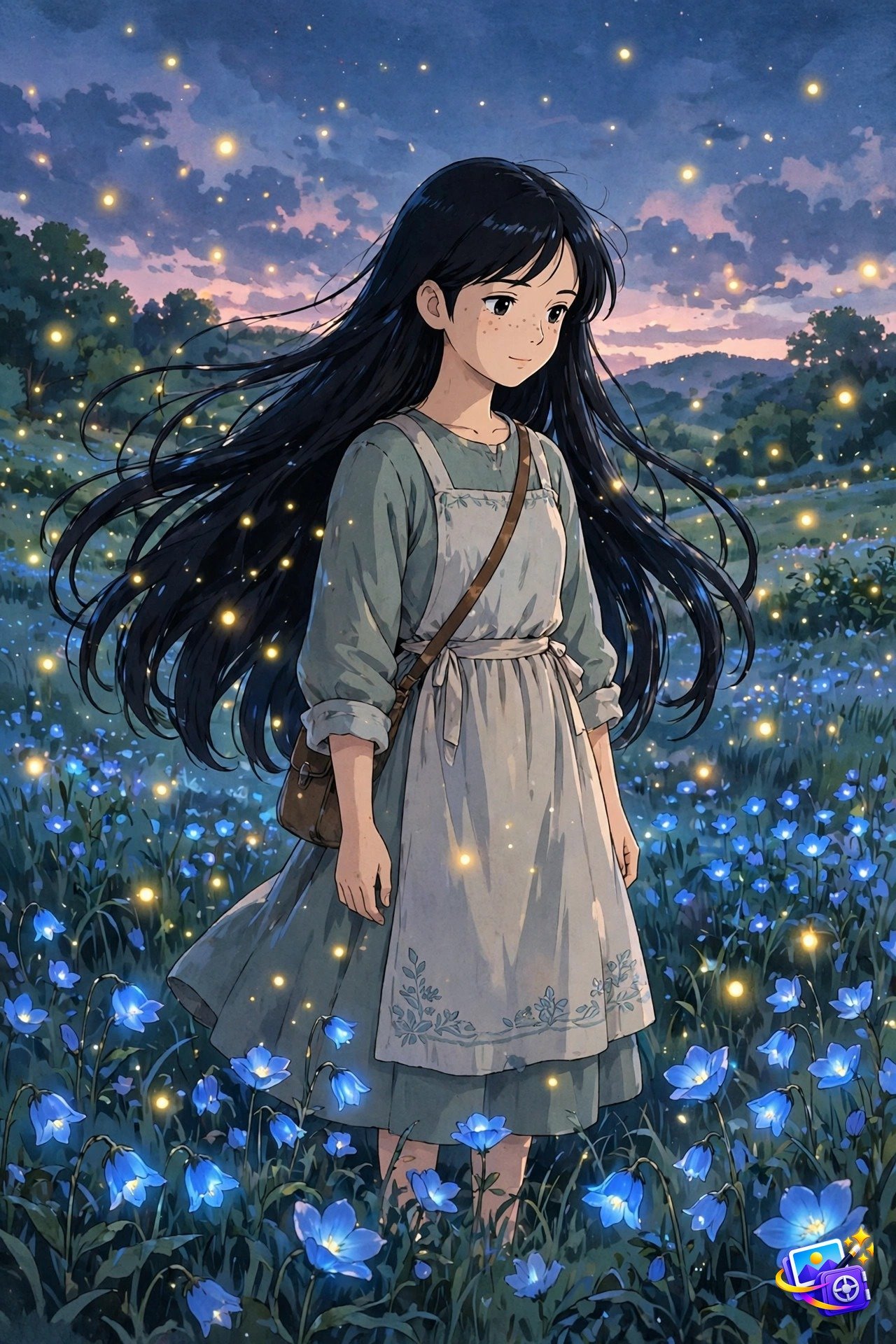 Dreamy anime illustration of a girl in a glowing blue flower field at twilight, one of the best Midjourney prompts for anime art