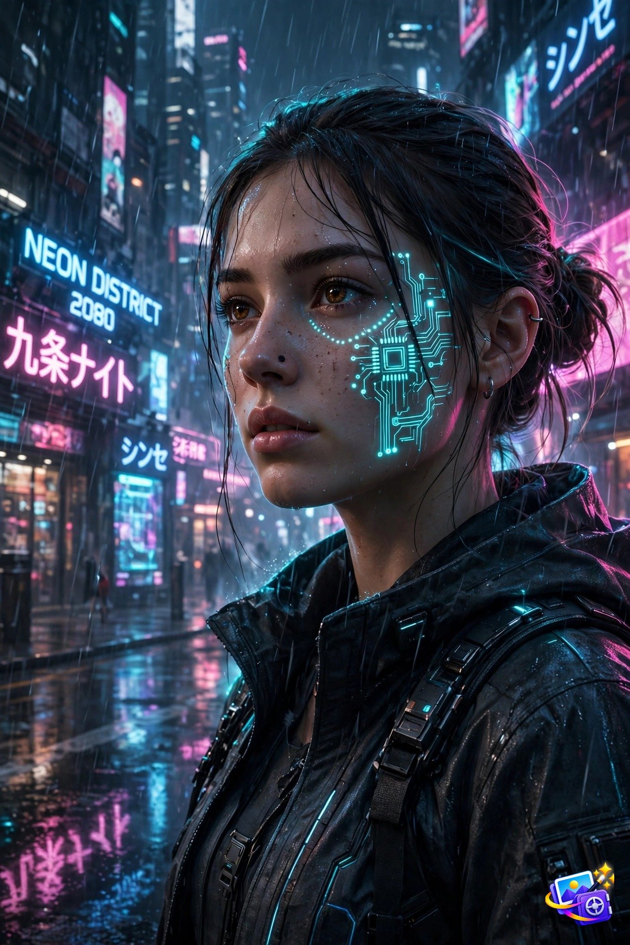 Cyberpunk 2080 portrait of a woman with glowing circuit tattoos in a neon rainy street, one of the best Midjourney prompts for futuristic portraits