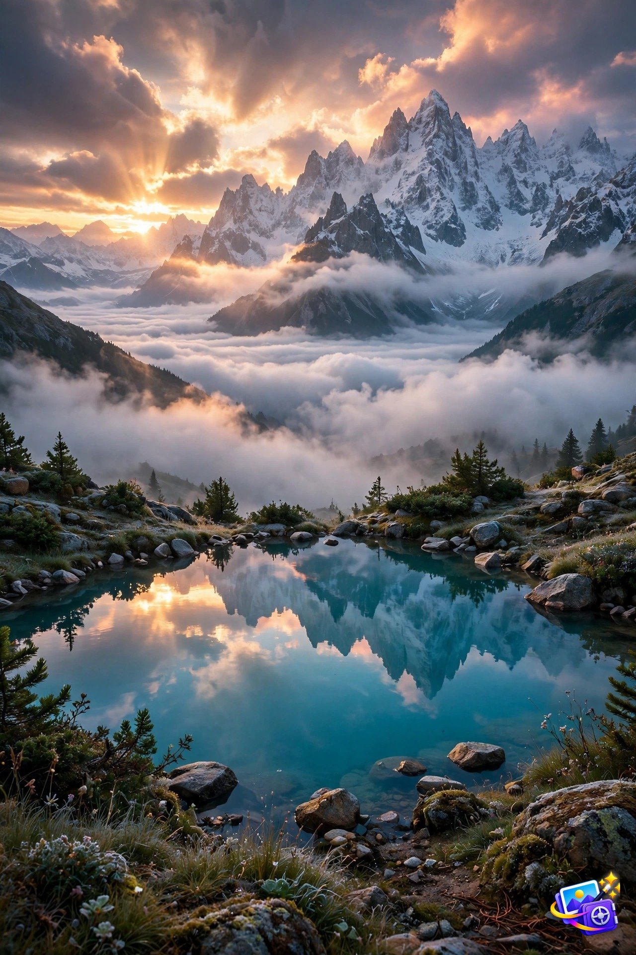Epic misty mountain landscape at dawn with a mirror lake reflection, one of the best Midjourney prompts for landscapes