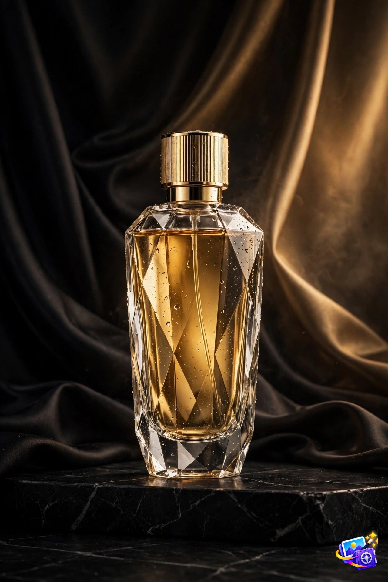 Luxury perfume bottle product shot on black marble with golden studio light, one of the best Midjourney prompts for product photography