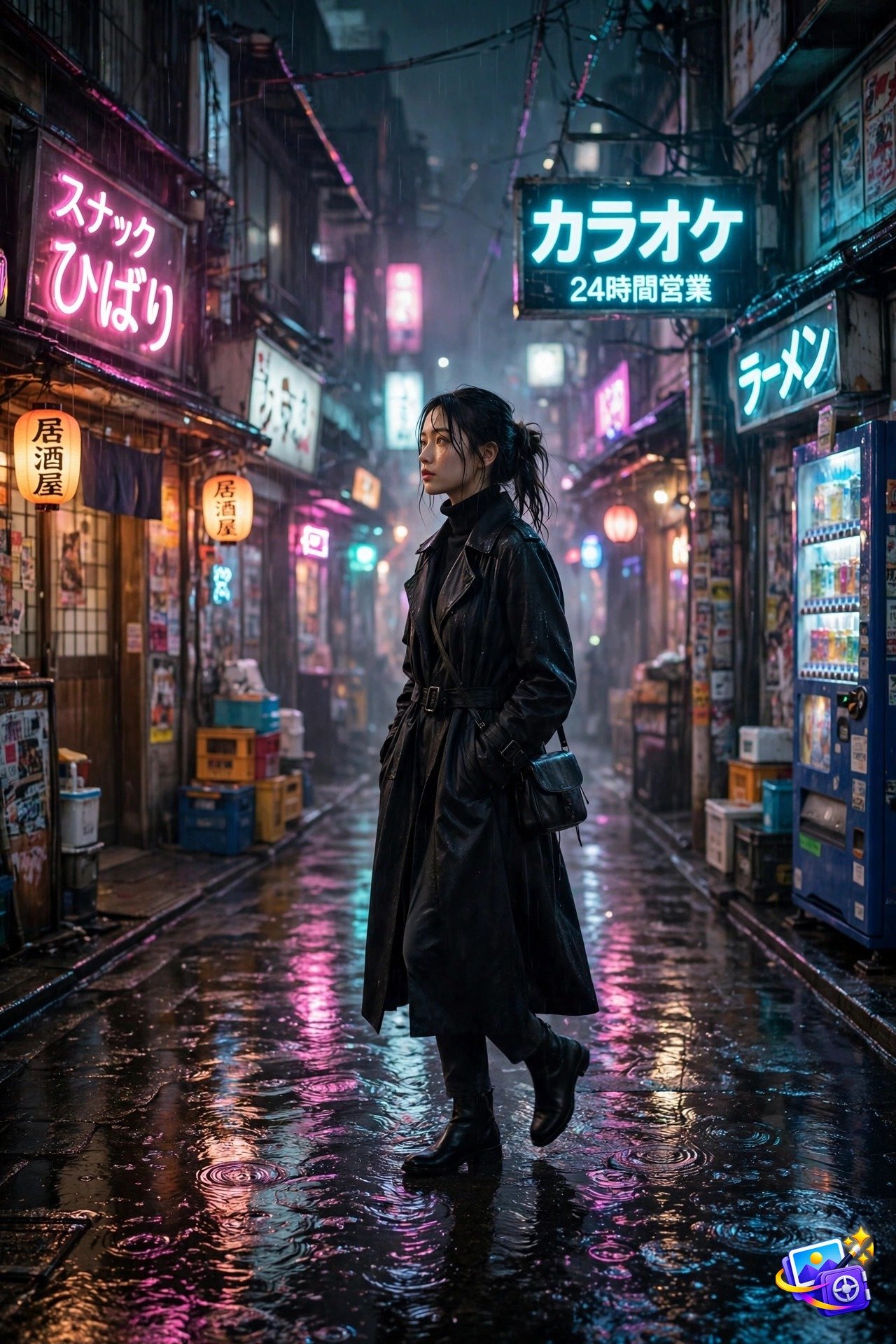 Neon noir Tokyo alley at night with a woman in a long coat and glowing signs, one of the best Midjourney prompts for street photography