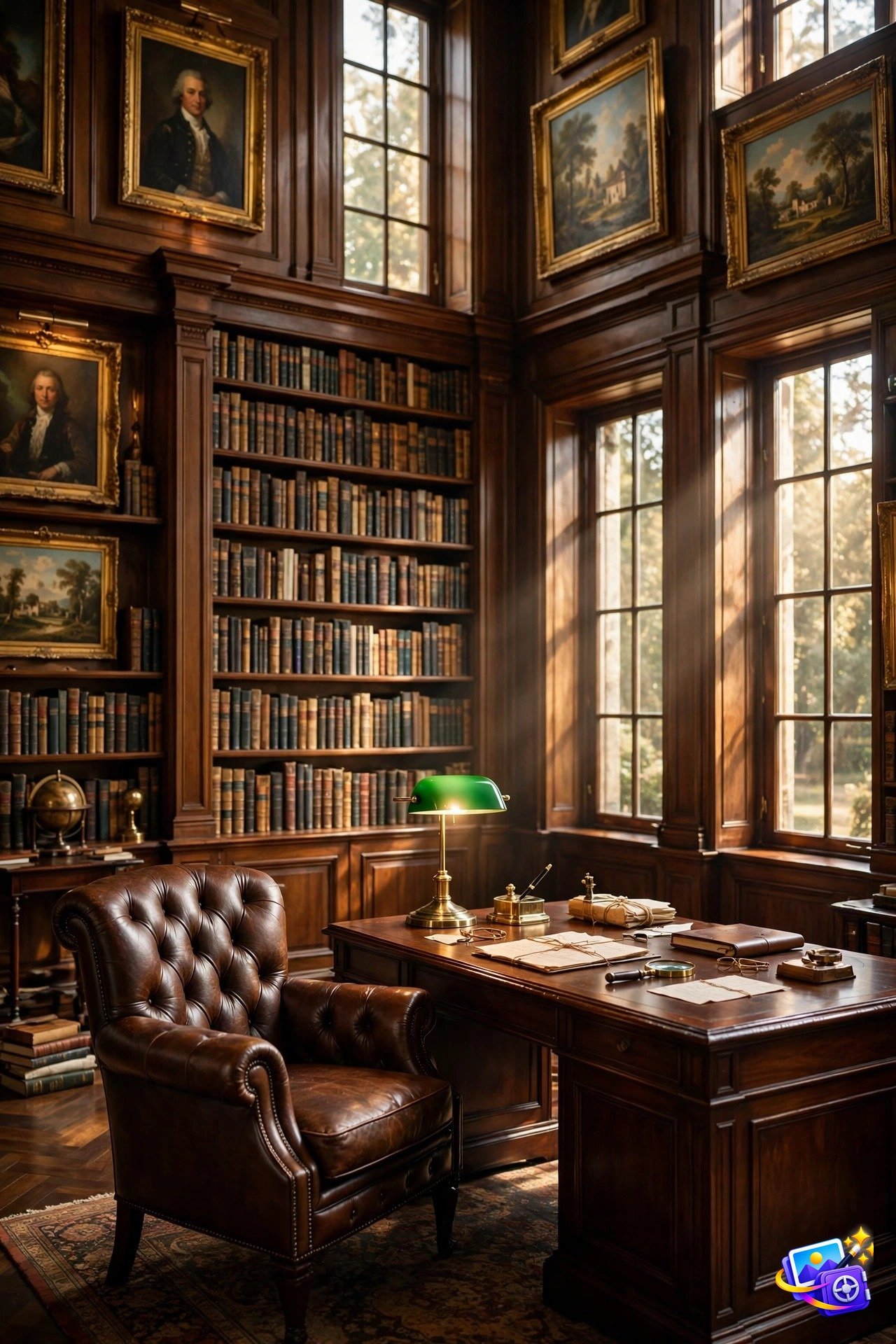 Old money luxury library interior with wood paneling and warm window light, one of the best Midjourney prompts for interiors