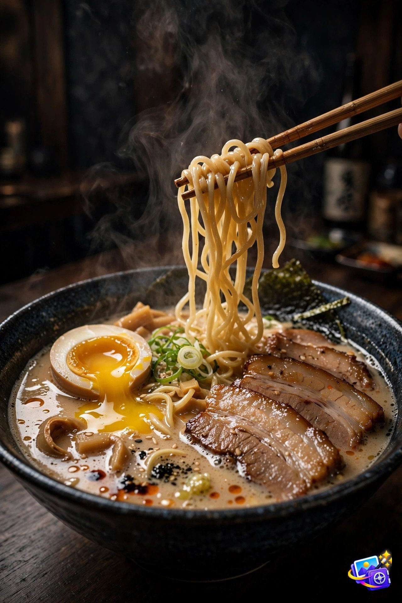 Steaming bowl of tonkotsu ramen with chashu pork and soft egg, one of the best Midjourney prompts for food photography