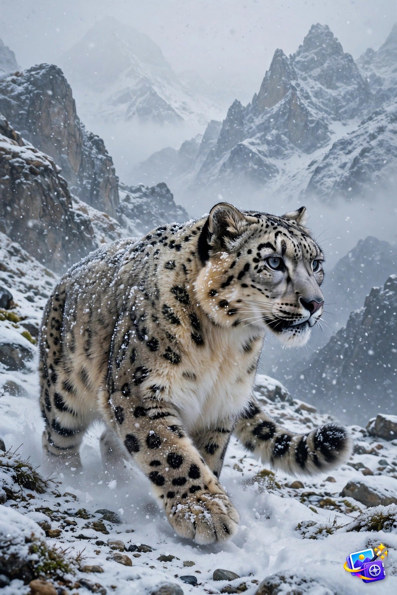 Majestic snow leopard walking through falling snow in the Himalayas, one of the best Midjourney prompts for wildlife