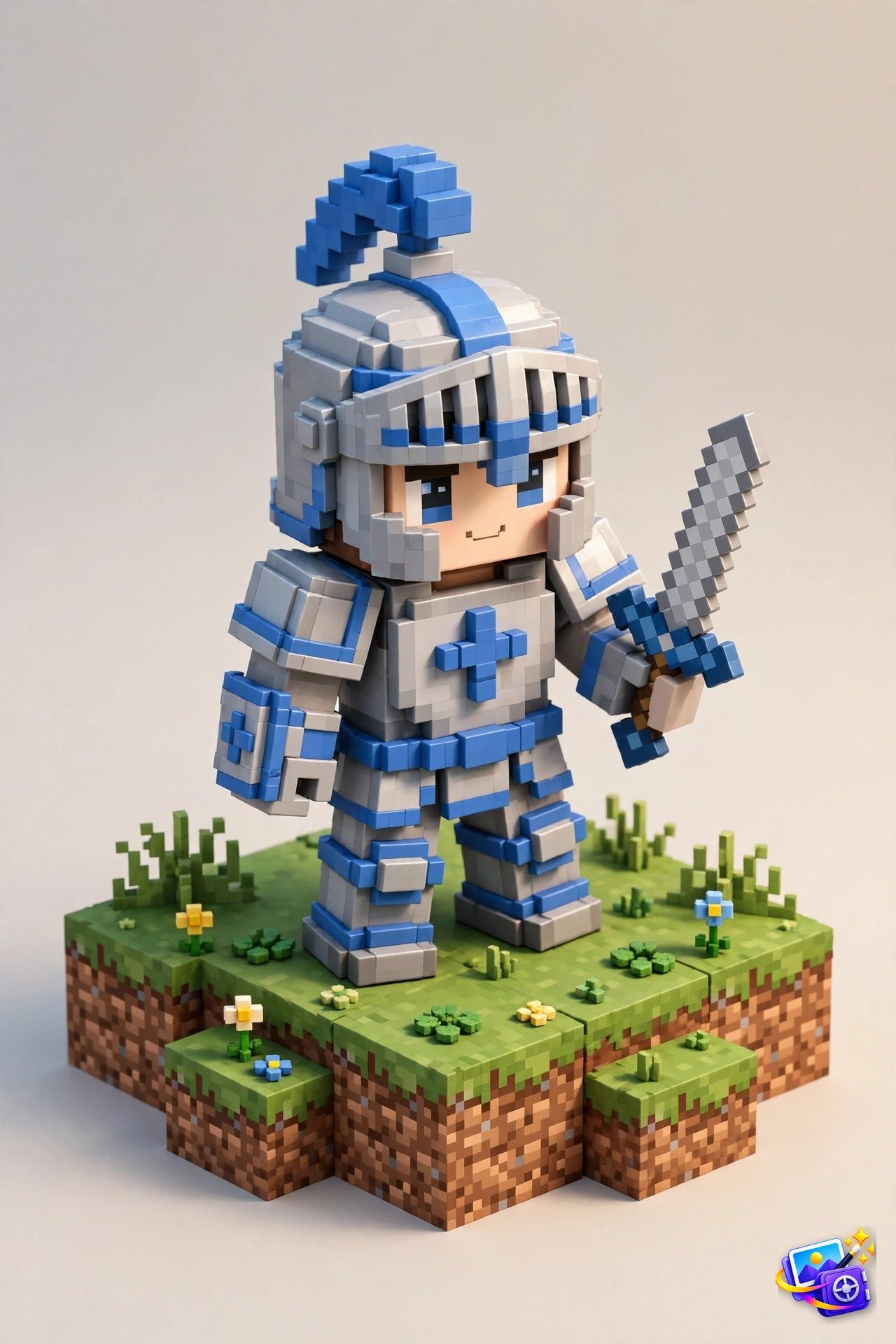 Cute Minecraft style voxel knight avatar built from 3D cubes, one of the best Midjourney prompts for game style characters
