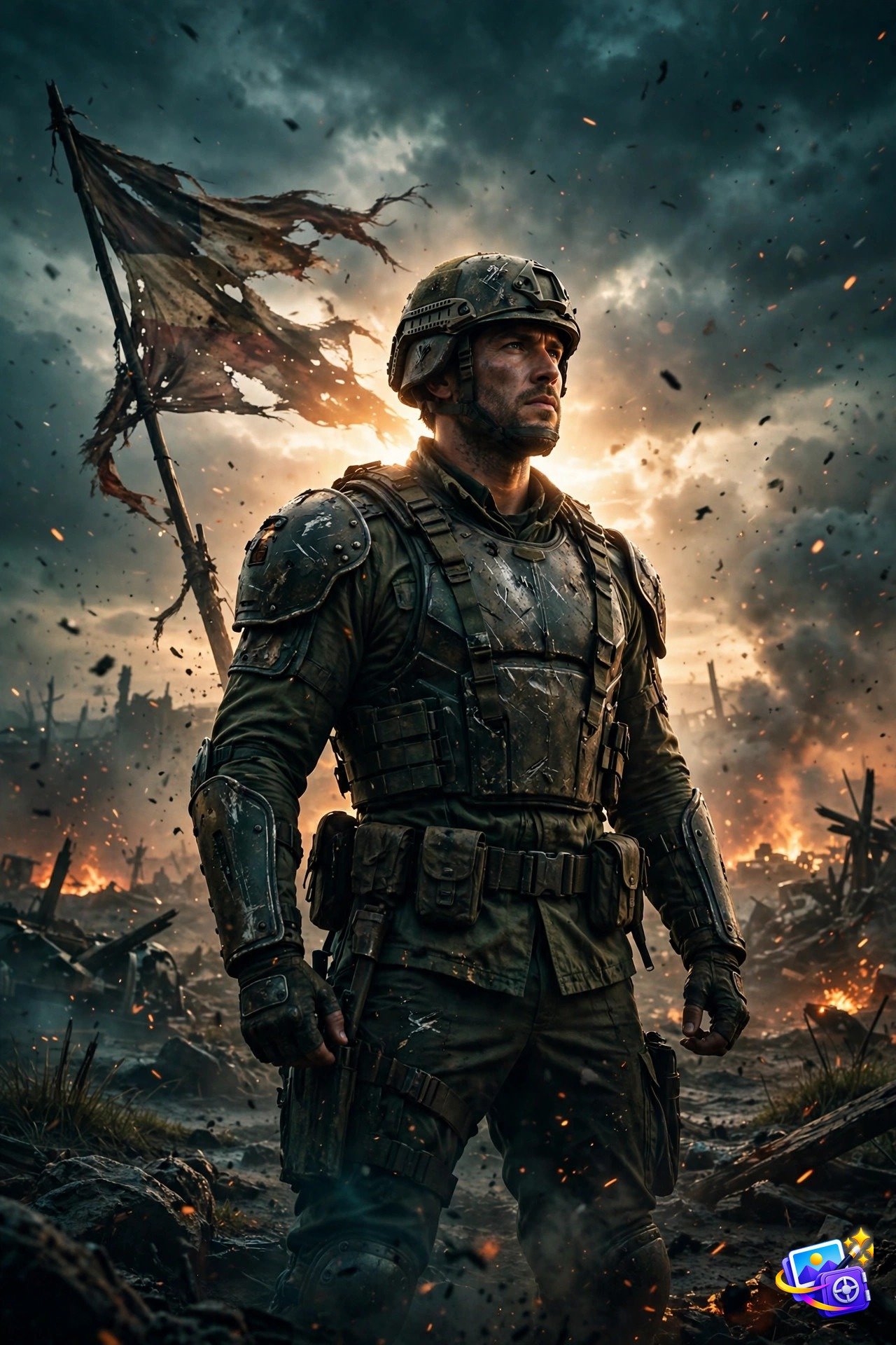Cinematic AI image prompts example: heroic soldier on a smoky battlefield at dawn, epic war film poster style