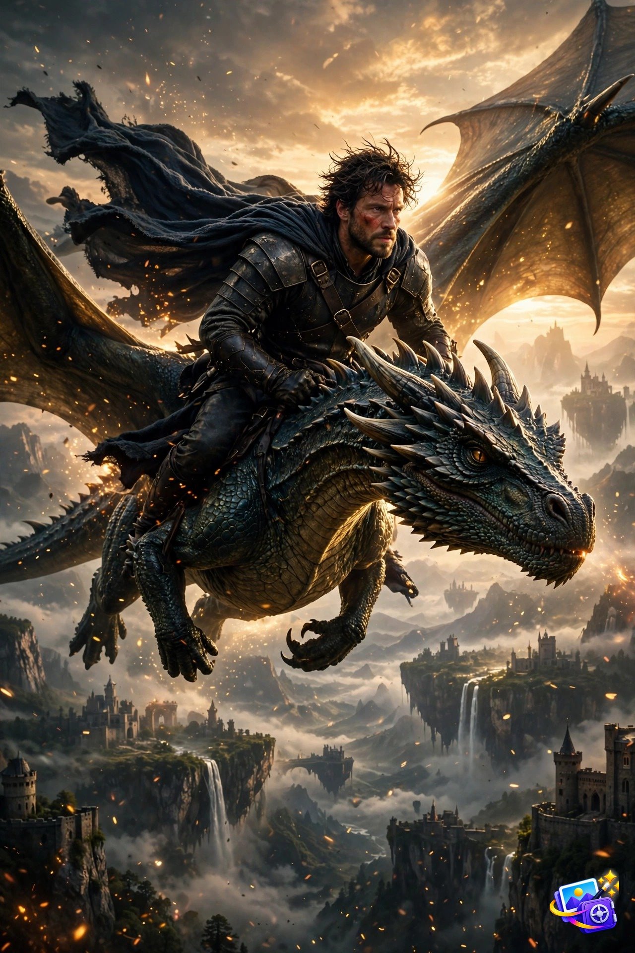 Cinematic AI image prompts example: a man riding a giant dragon over a fantasy valley, golden sunset movie poster style