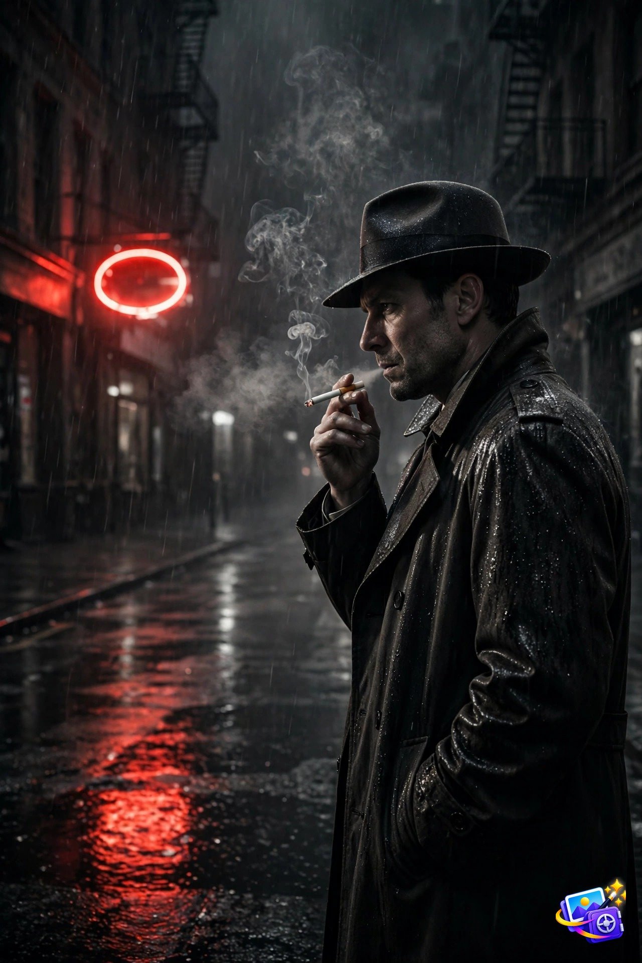Cinematic AI image prompts example: trench coat detective on a rain-soaked street at night with red neon, film noir poster style