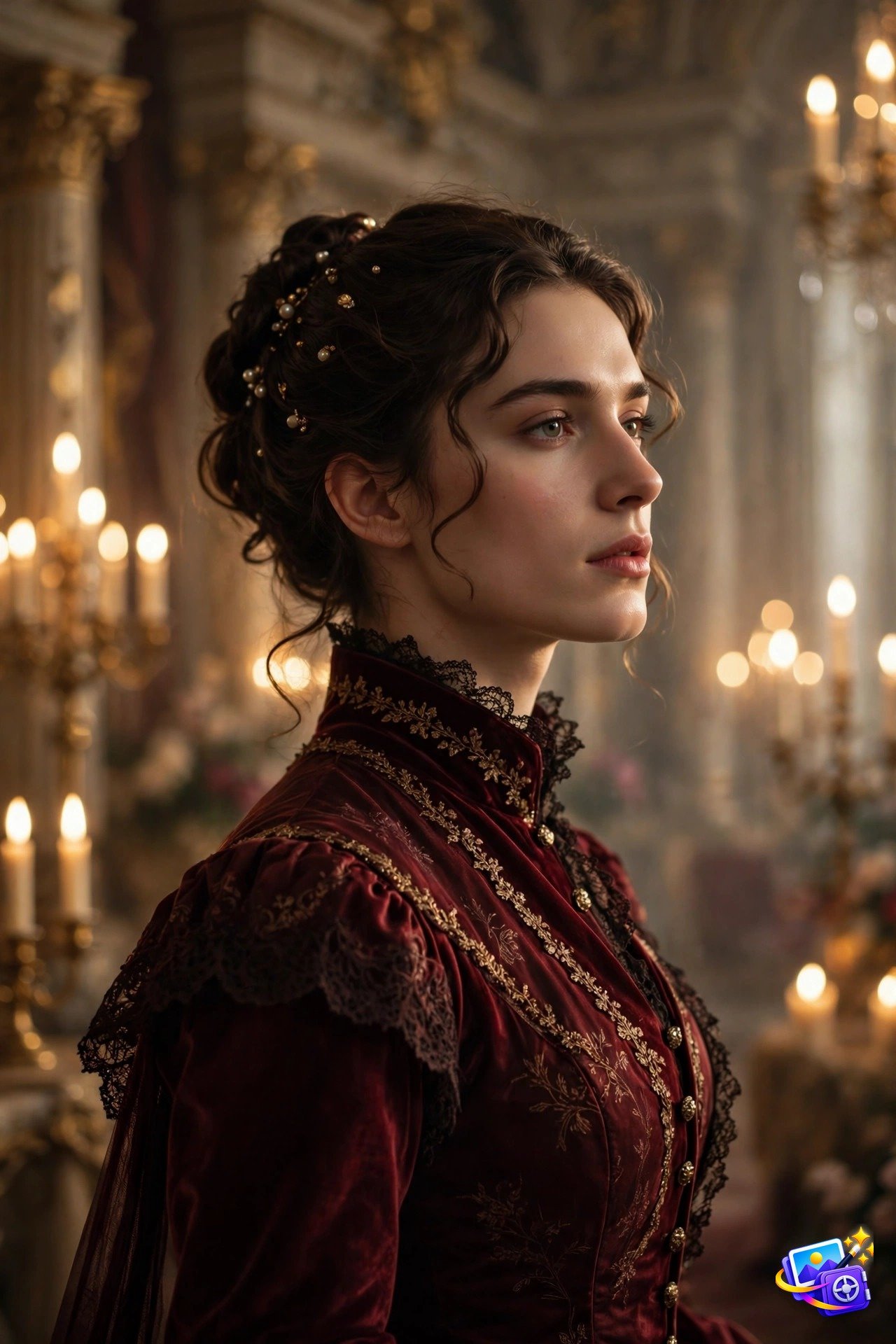 Cinematic AI image prompts example: person in 19th century costume in a candlelit ballroom, period drama poster style