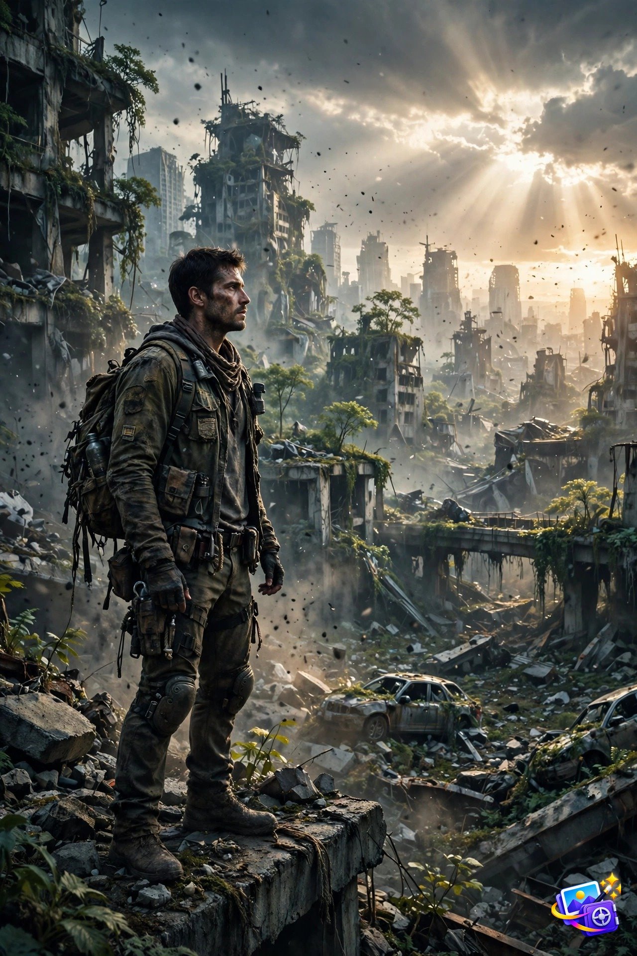 Cinematic AI image prompts example: survivor among ruined skyscrapers in dramatic god rays, post-apocalyptic poster style