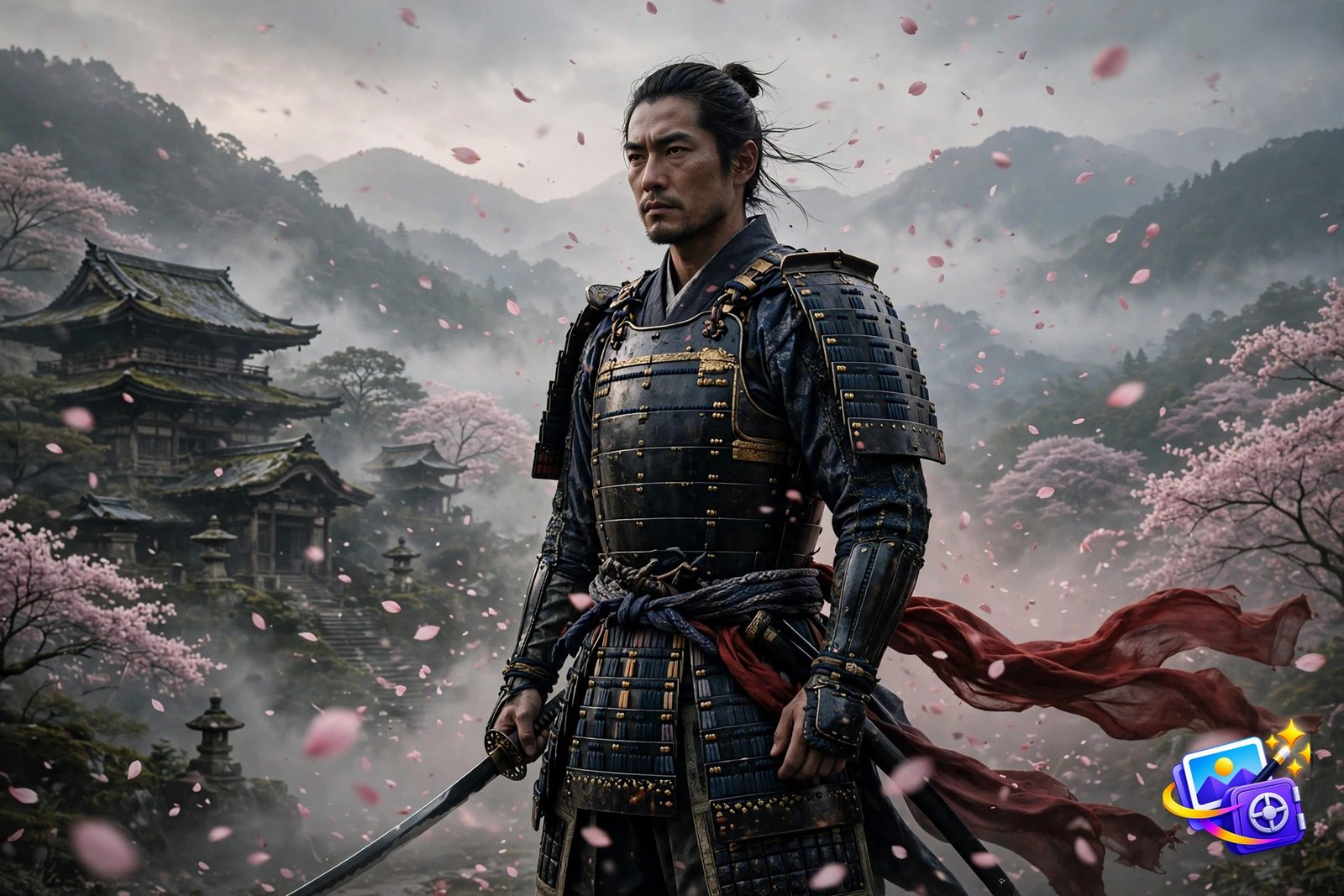 Cinematic AI image prompts example: samurai warrior with katana among cherry blossoms, epic poster style