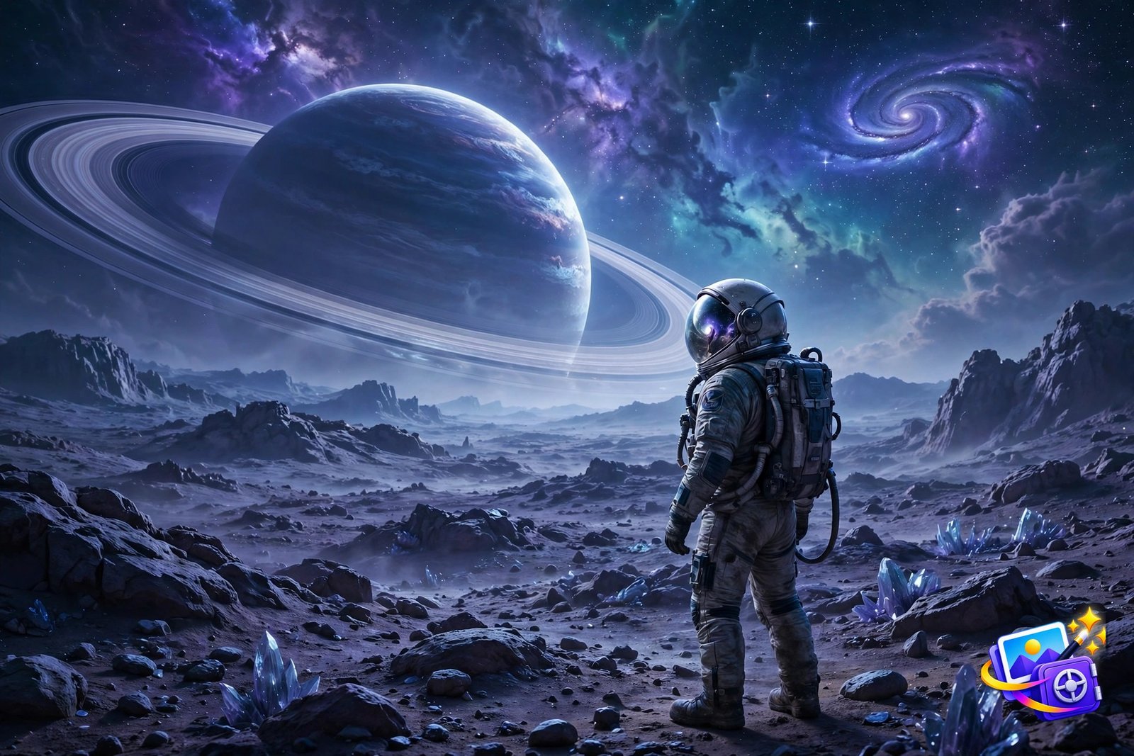 Cinematic AI image prompts example: astronaut on an alien planet under a giant ringed planet, sci-fi poster style