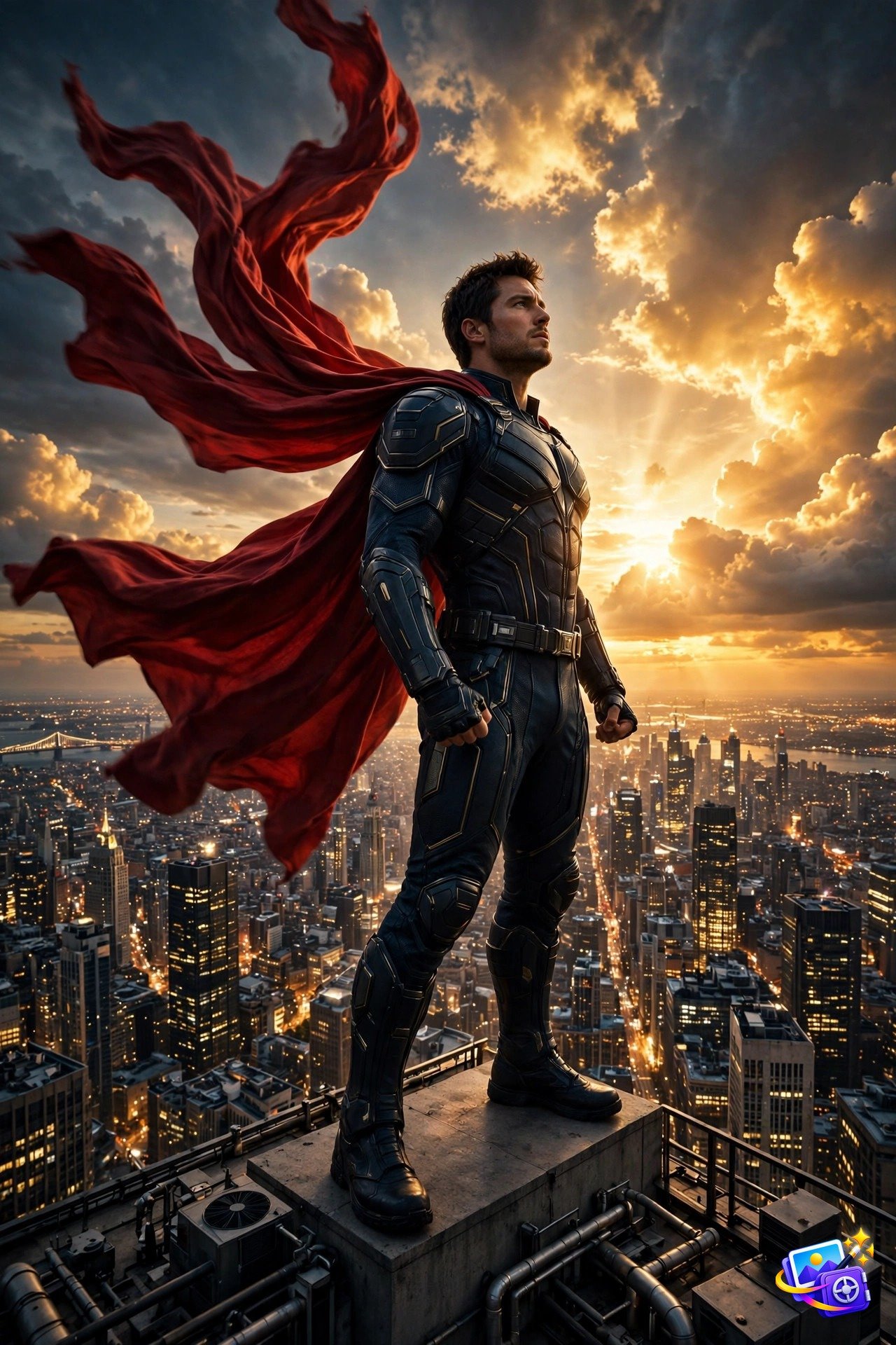 Cinematic AI image prompts example: caped hero on a rooftop above a city skyline at dusk, superhero poster style