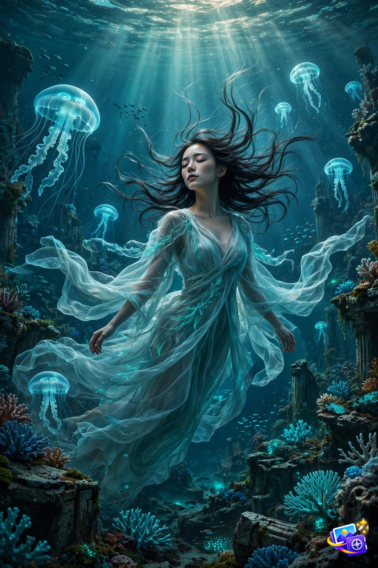 Cinematic AI image prompts example: person floating in a bioluminescent underwater kingdom, fantasy poster style