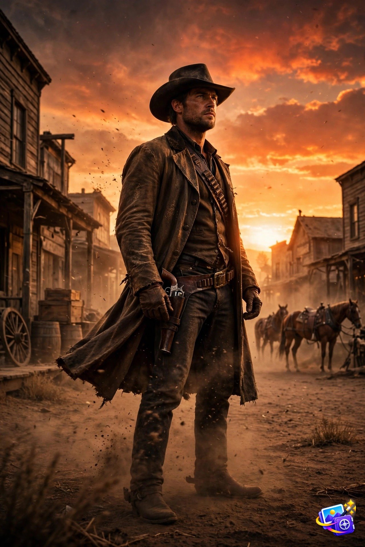 Cinematic AI image prompts example: lone gunslinger in a dusty frontier town at sunset, western poster style