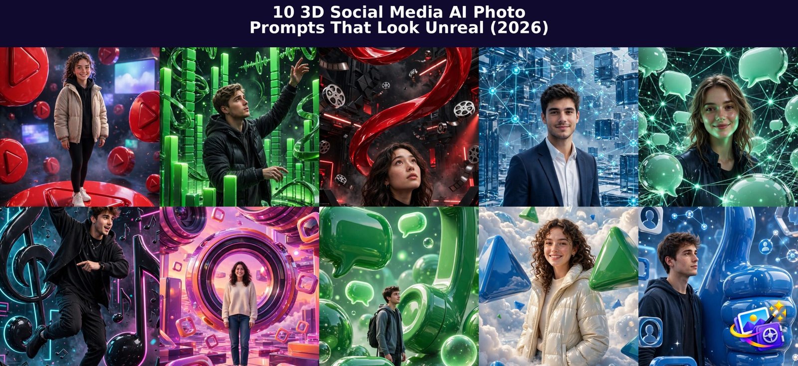 Collage of 10 3D social media AI photo prompt example images with article title text