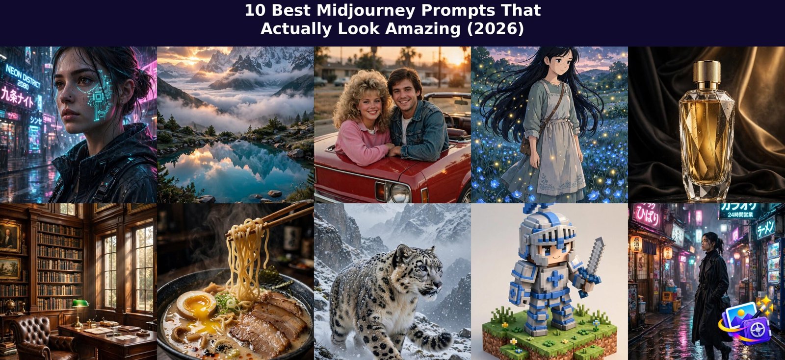 Collage of 10 best Midjourney prompt example images with article title text