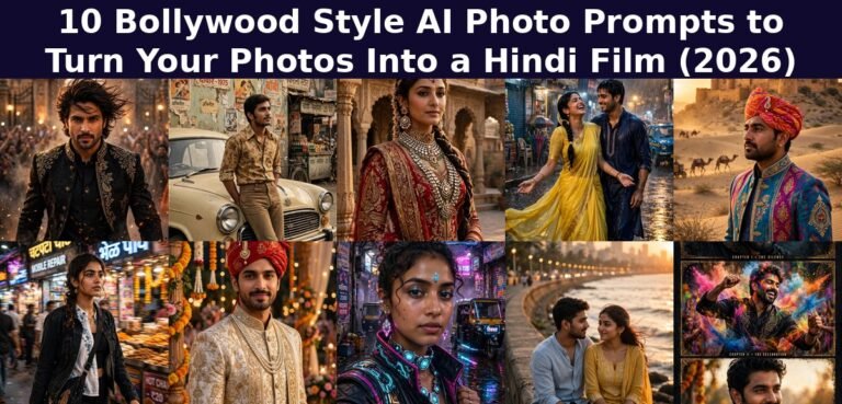 Collage of 10 Bollywood style AI photo prompt examples with title text overlay