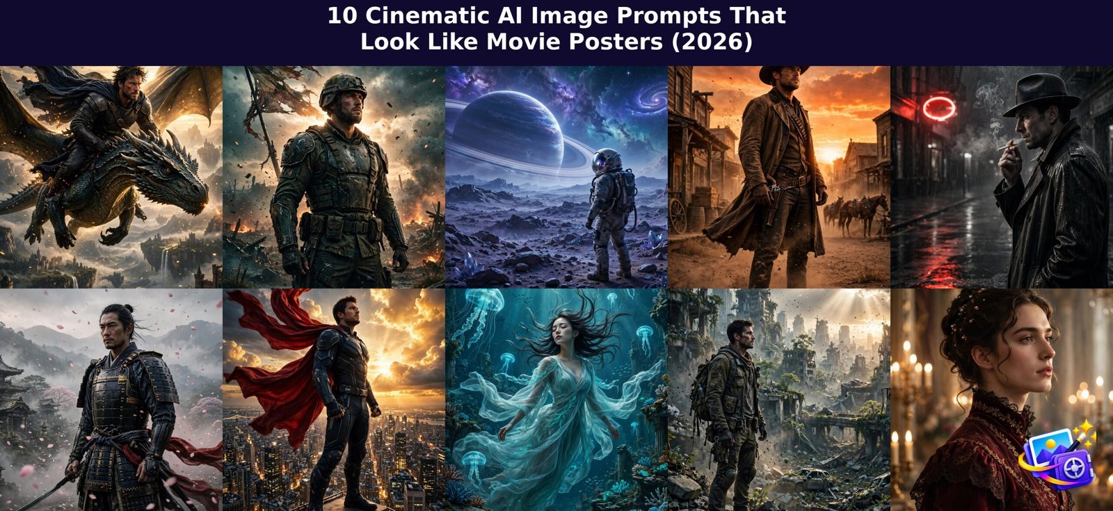 Collage of 10 cinematic ai image prompts with title text overlay
