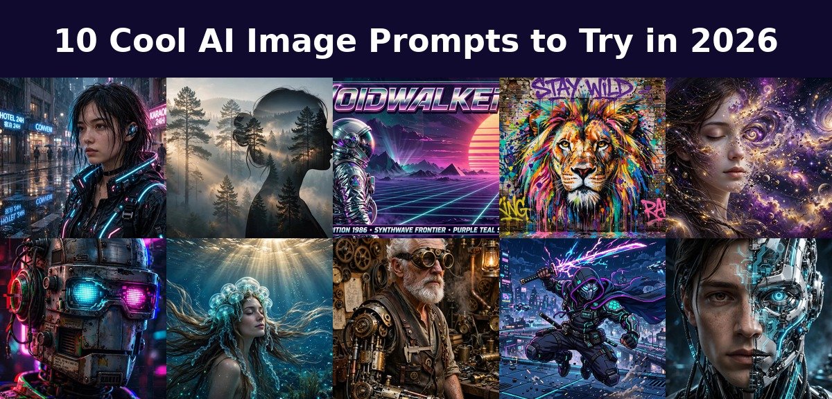 10 cool AI image prompts featured collage, cyberpunk, synthwave, graffiti and cosmic example images