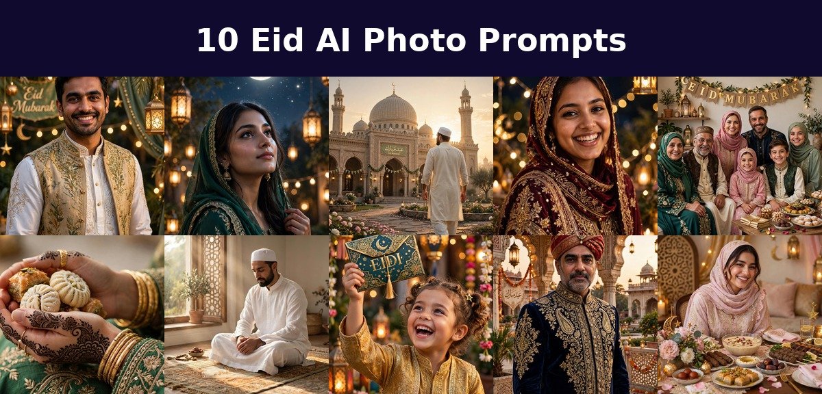 Collage of 10 Eid portrait example images, featured image for Eid AI photo prompts