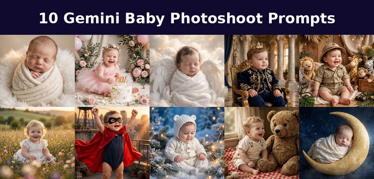 Collage of 10 baby photoshoot example images, featured image for Gemini baby photoshoot prompts
