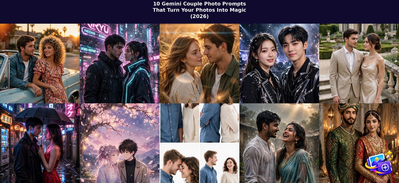 Featured collage: 10 Gemini couple photo prompts examples in a 5x2 grid with title overlay