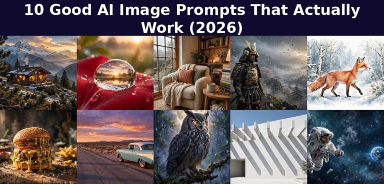 10 good AI image prompts featured collage, cabin, macro, food and fantasy example images