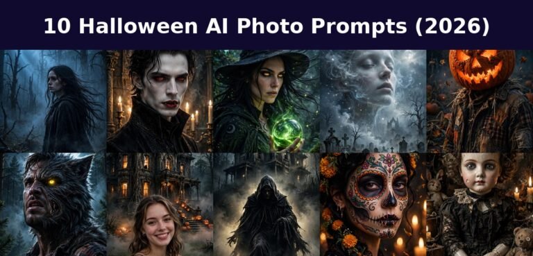 Collage of 10 halloween ai photo prompts with title text overlay