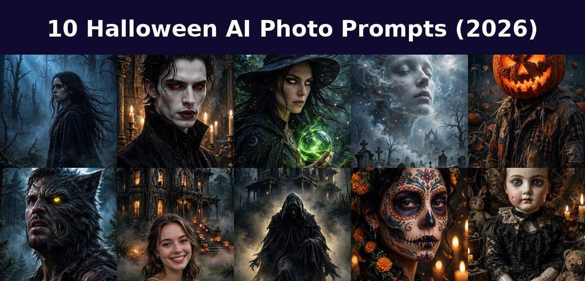 Collage of 10 halloween ai photo prompts with title text overlay