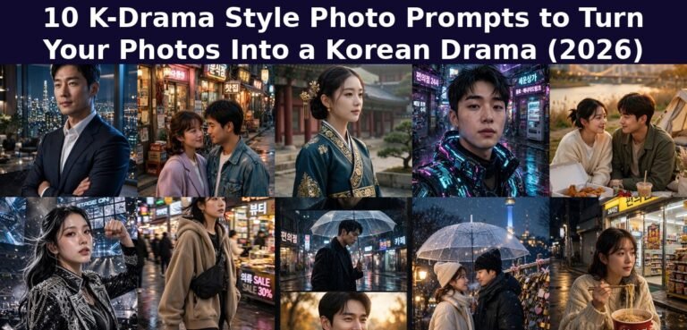 Collage of 10 K-drama style photo prompt examples with title text overlay