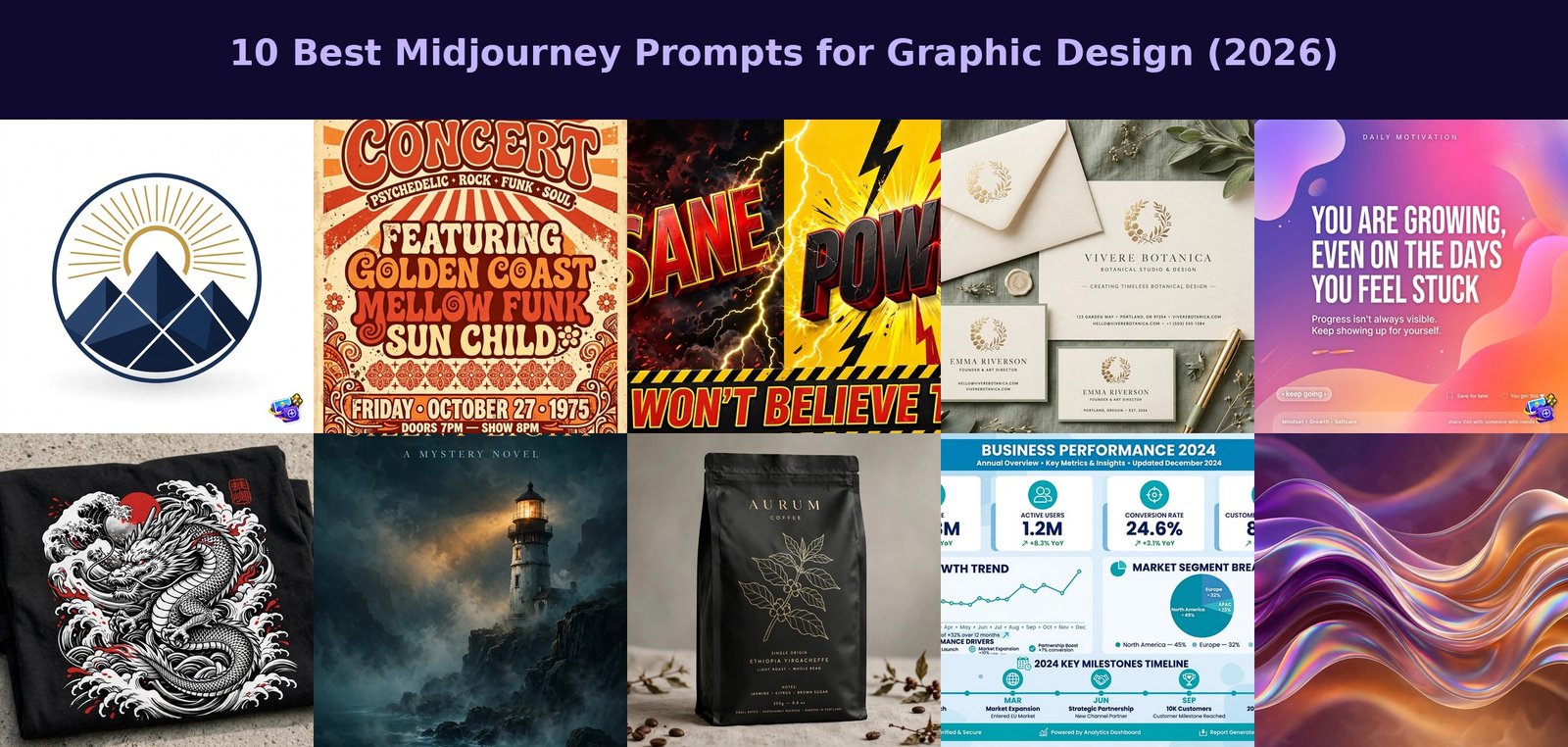 10 Best Midjourney Prompts for Graphic Design 2026 collage - logos posters branding examples