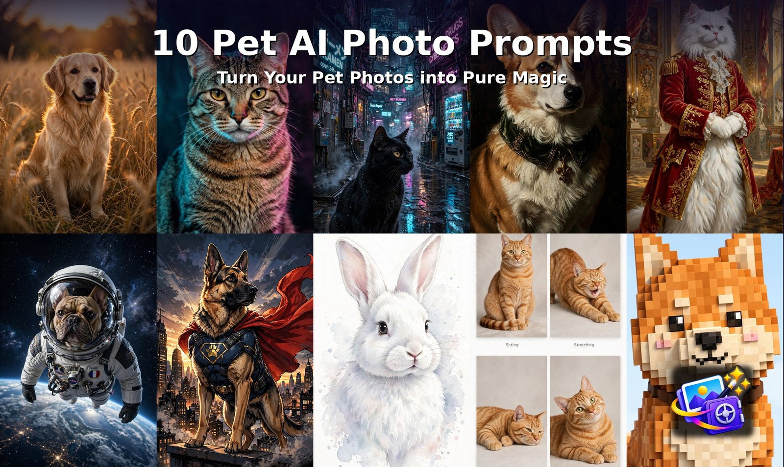 Collage of 10 pet AI photo prompts with title text overlay