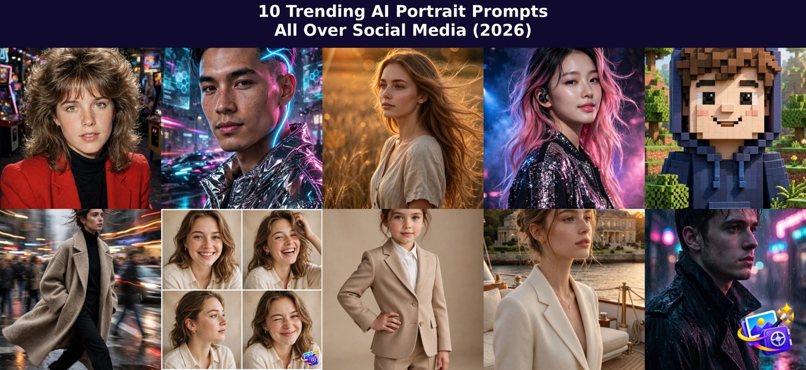 Collage of 10 trending ai portrait prompts with title text overlay