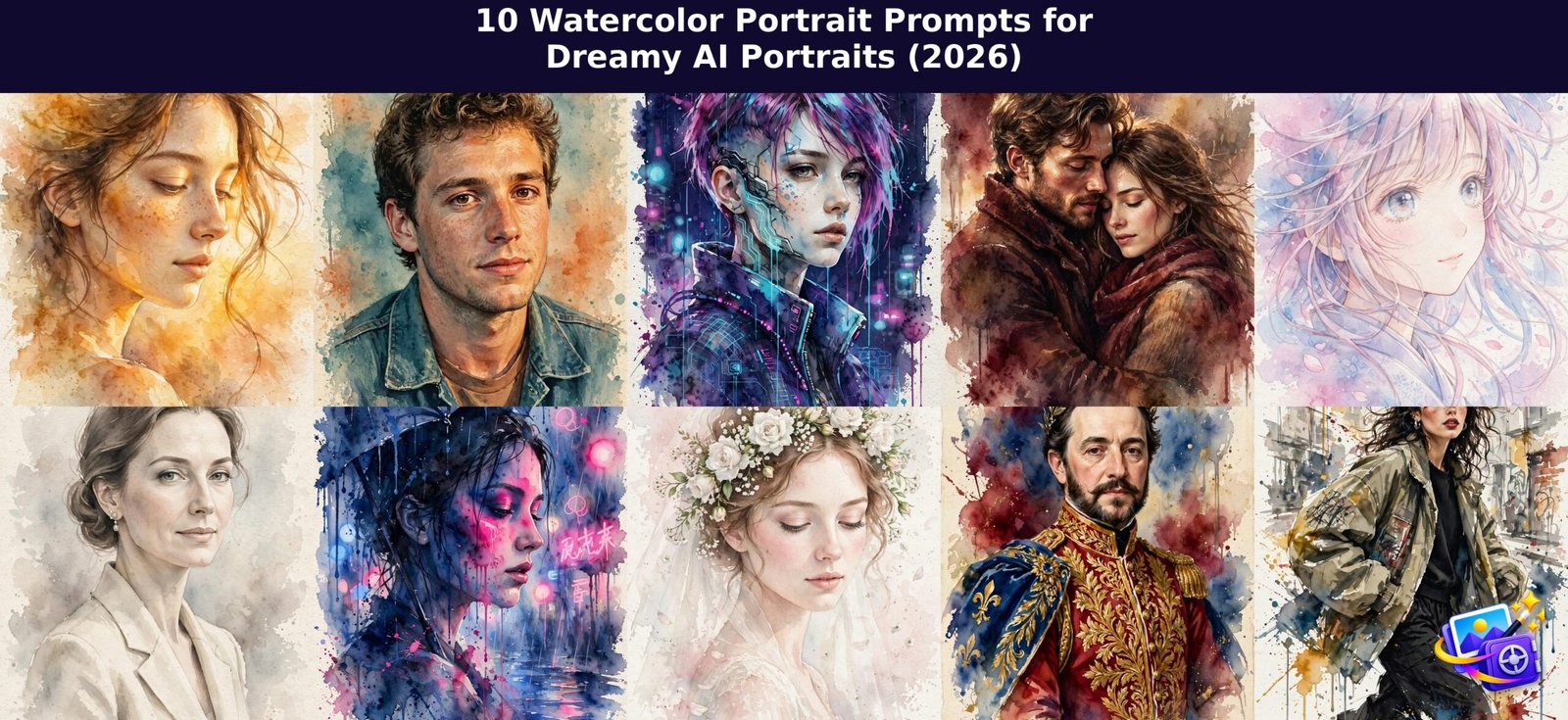 Featured collage of 10 watercolor portrait prompt examples with article title