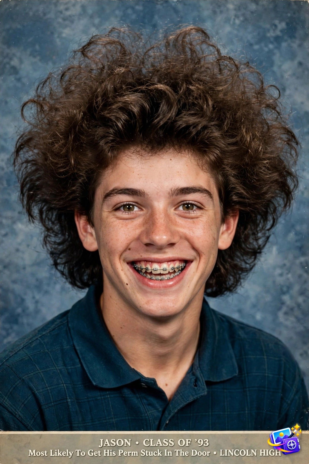 Funny ai image prompts 90s bad hair example with huge permed hairstyle