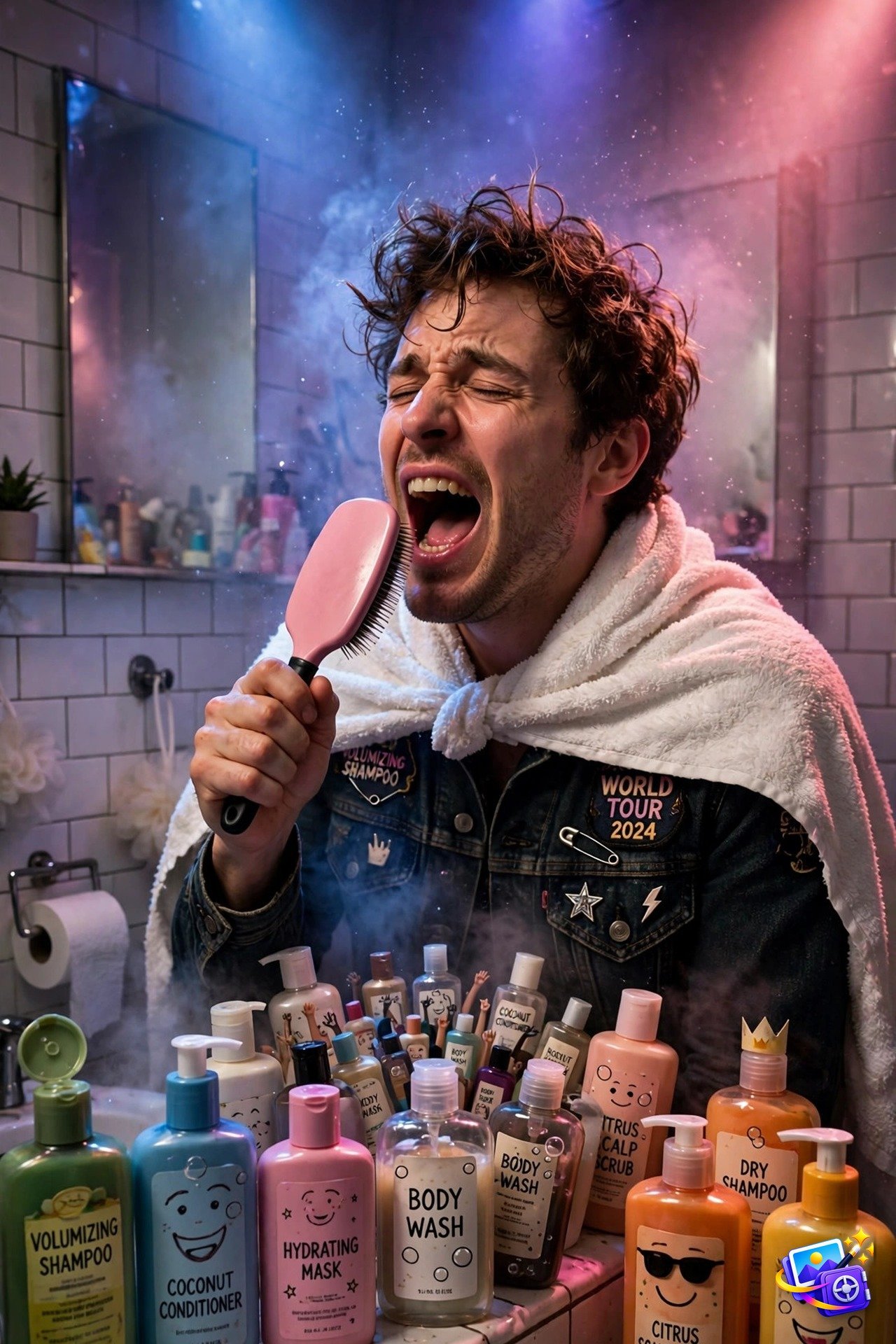 Funny ai image prompts bathroom rockstar example singing into hairbrush