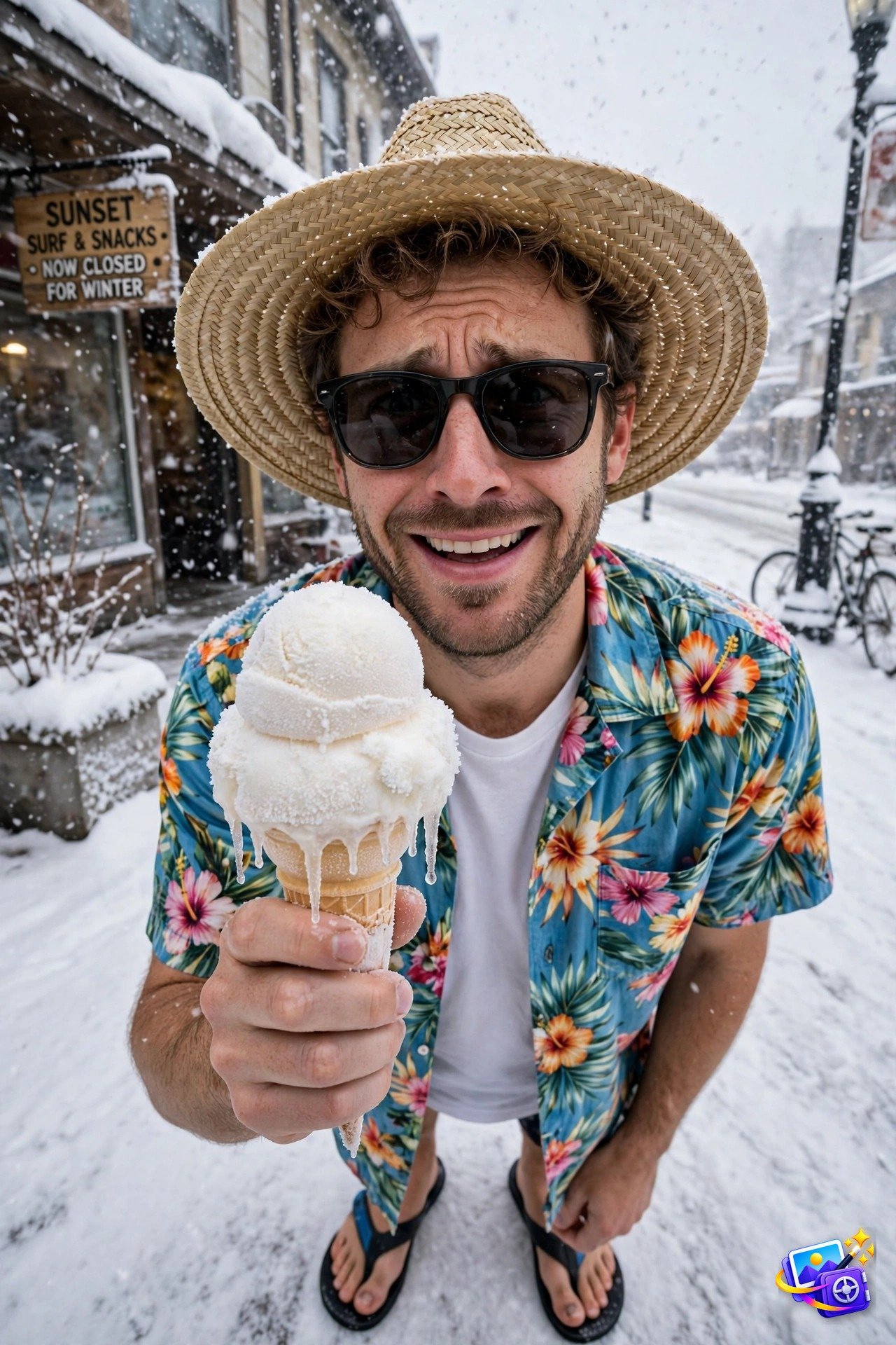 Funny ai image prompts beach in snow example with beach gear in snowfall