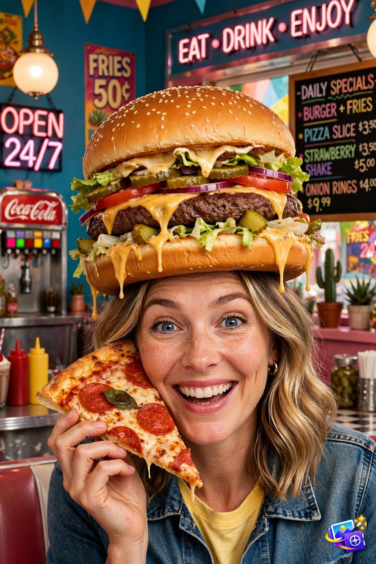 Funny ai image prompts burger hat example with giant burger as hat
